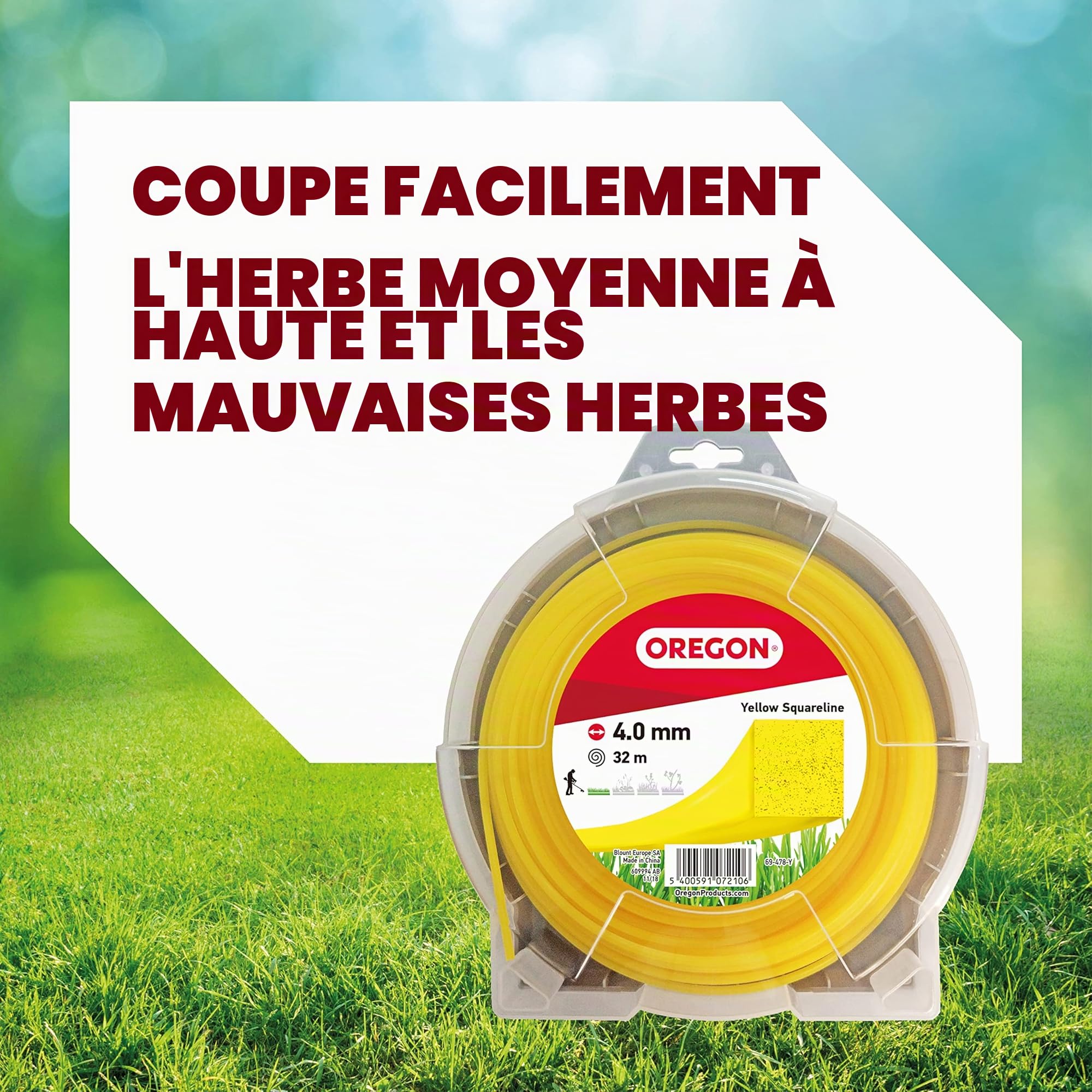 Fil de débroussailleuse Oregon Jaune Carré 4mm, Coupe herbes hautes, mauvaises herbes, végétation dense, Fil nylon haute résistance, compatible avec modèles standards, 4.0mm x 32m (69-478-Y)