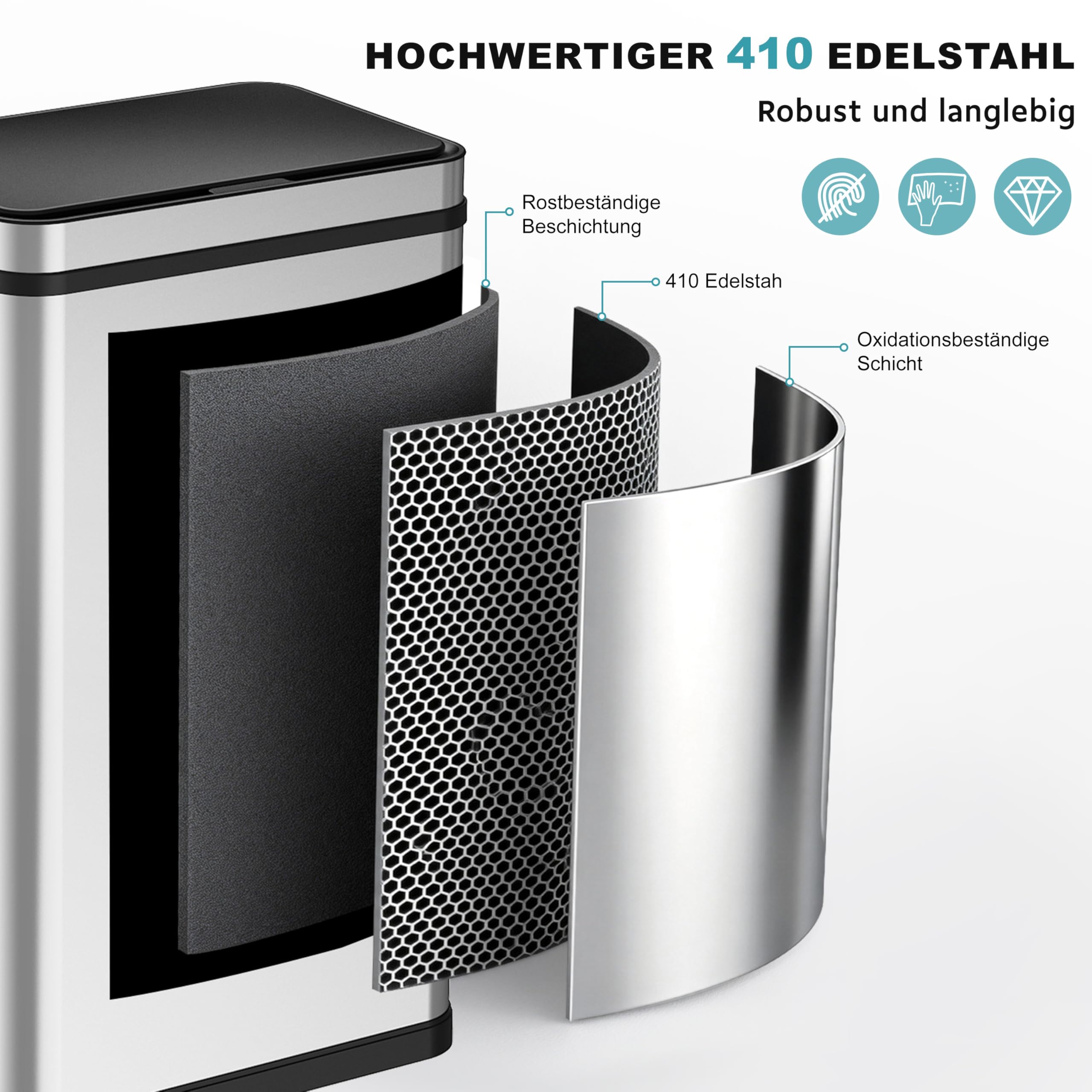 Ribelli Edelstahl Mülleimer 70 Liter - Abfalleimer mit Sensor - Automatisches Öffnen und Schließen - Küchenmülleimer mit LED-Funktionsanzeige, Silber