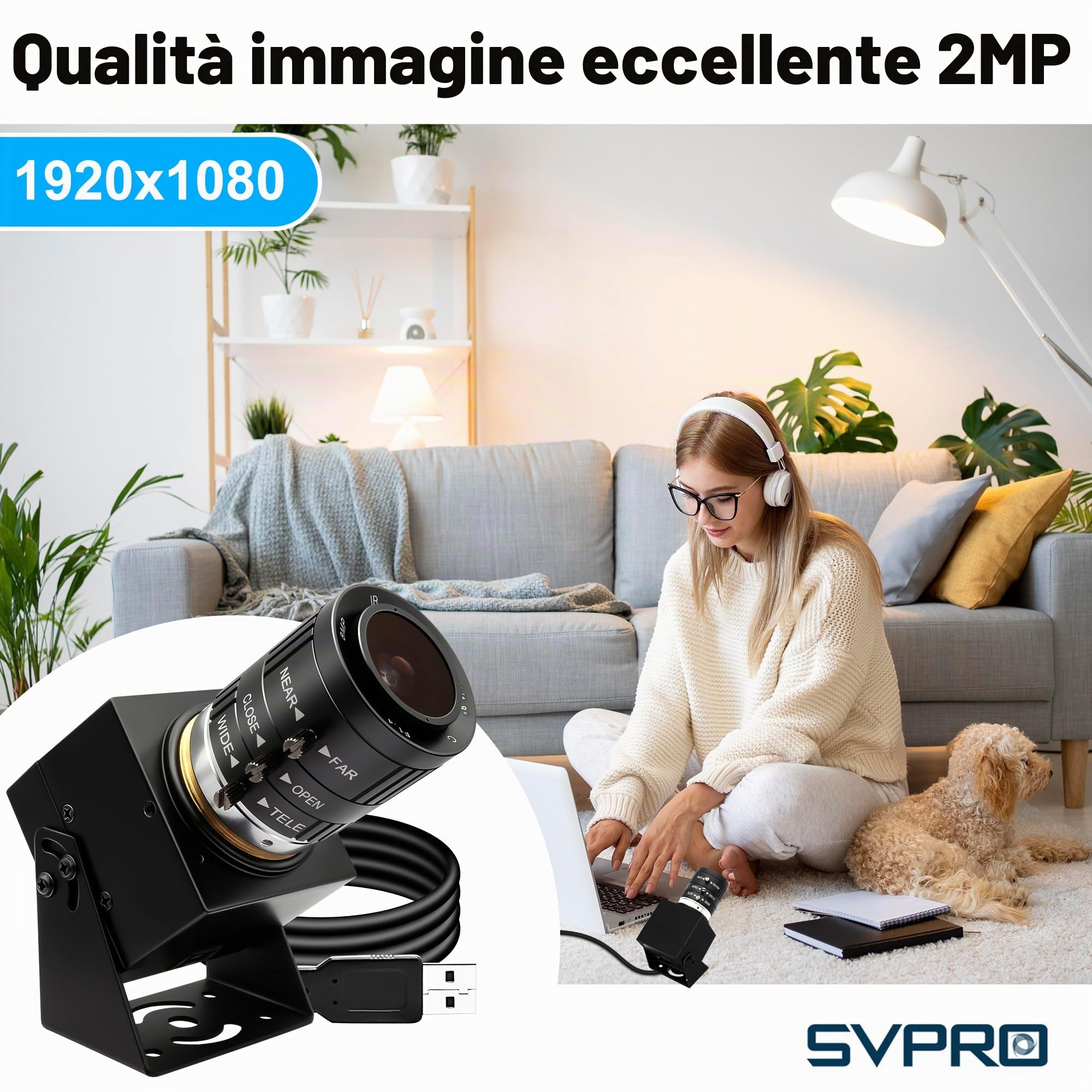 Svpro Telecamera USB 1080P Starlight Low Light Webcam con zoom 3,6-10mm, messa a fuoco manuale, visione machine industriale, UVC plug-and-play per computer e laptop