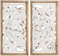 Vista 7 de XIAOAIKA Decoración de pared tallada bohemia, paneles blancos envejecidos antiguos de 31.5 pulgadas, escultura decorativa tallada a mano para sala