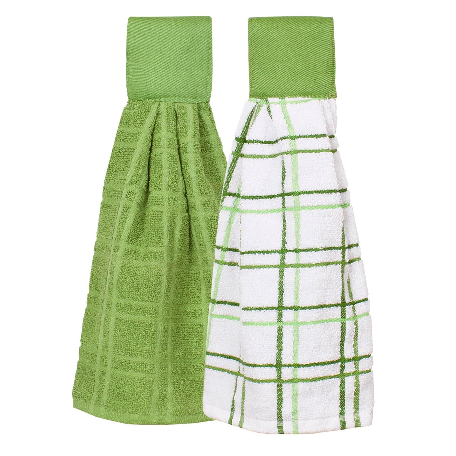 Ritz Premium 100% Cotton Solid and Multi Check Kitchen Tie Towel, Absorbent, Super Soft, and Fast Drying Hang Towel, Set of Two, Cactus Green
