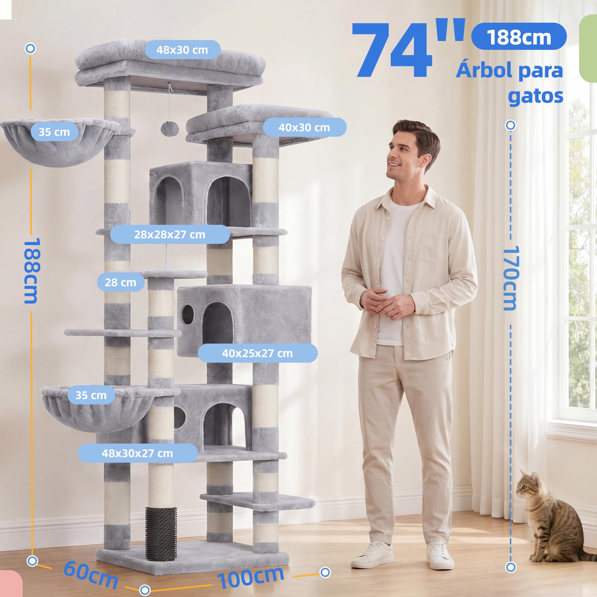 Hey-brother Árbol para Gatos Rascador XXL, Torre de Gatos Multi - Nivel de 188 cm de Altura,con 2 Grandes Plataformas, 3 Cuevas y 2 Cestas, Gris Claro 0EMPJ035-MW
