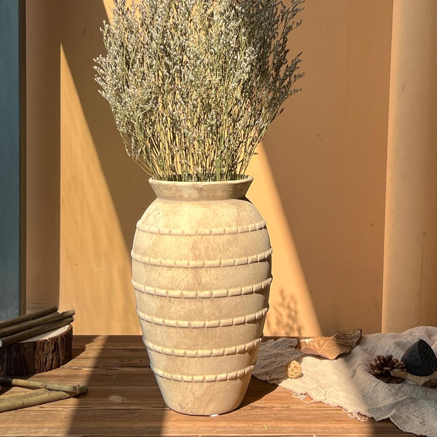 Ceramic Rustic Farmhouse Vase, 12 Inch Flower Vases for Table Decoration, Rustic Pottery Vase for Living Room, Shelf & Bedroom Decor, Vintage Ceramic Vases for Wedding, Beige