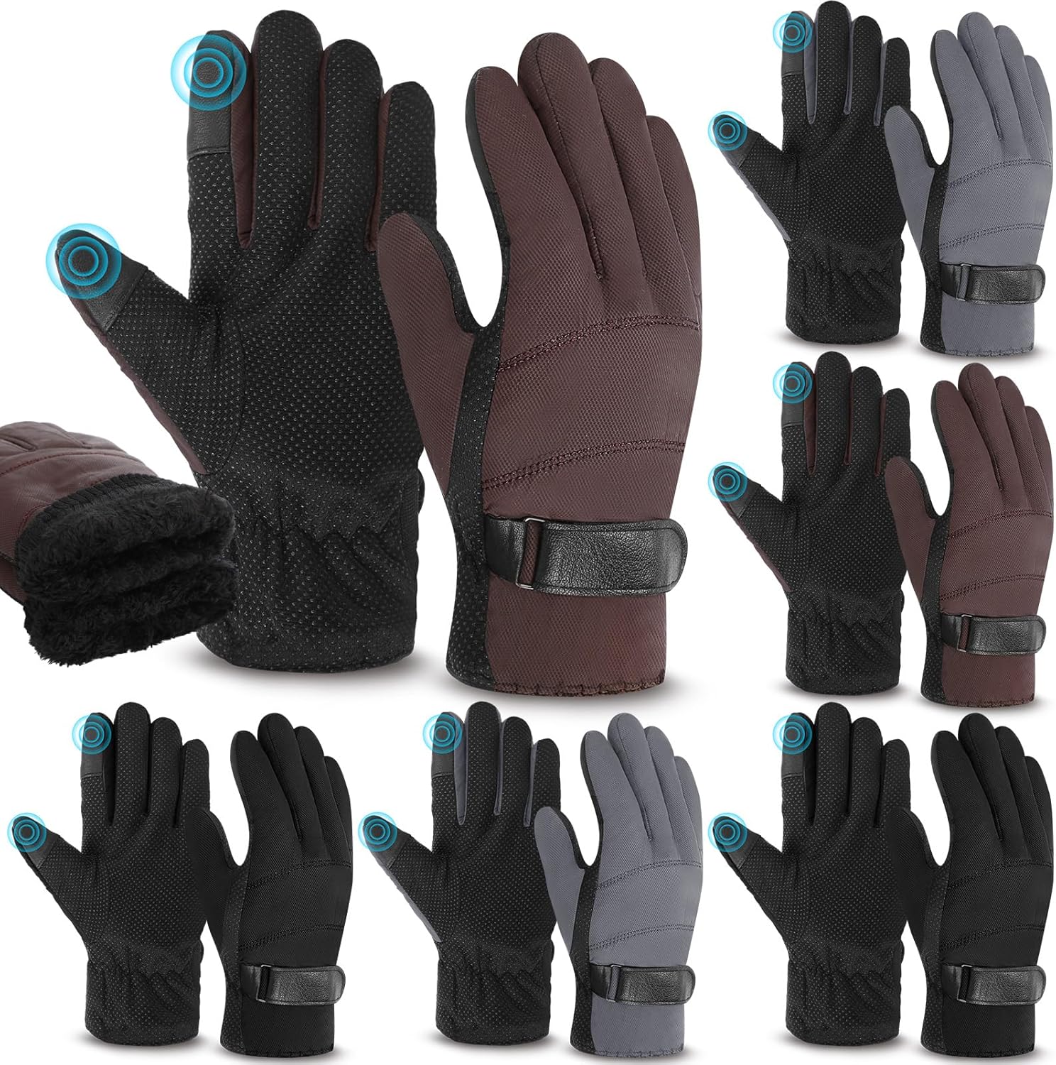Chicingyou 6 Pairs Winter Ski Gloves Bulk for Men Waterproof Windproof Thermal Touchscreen Snow Gloves with Wristbands Women Adjustable Warm Non Slip Snowboard for Cold Weather Skiing Outdoor Sports