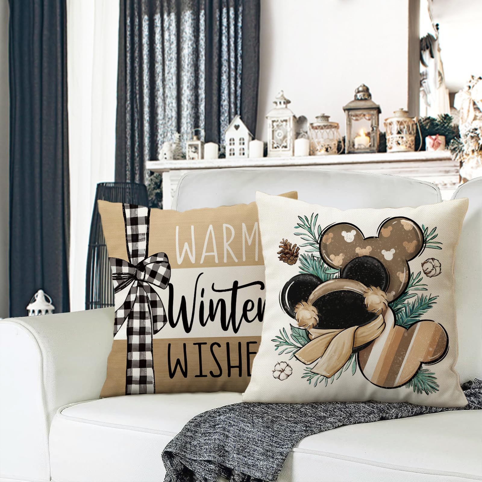 Fahrendom Winter Wishes Throw Pillow Covers Set Of 4 - 16x16 Inch Farmhouse Cozy Mouse Design For Christmas Decor - View #2