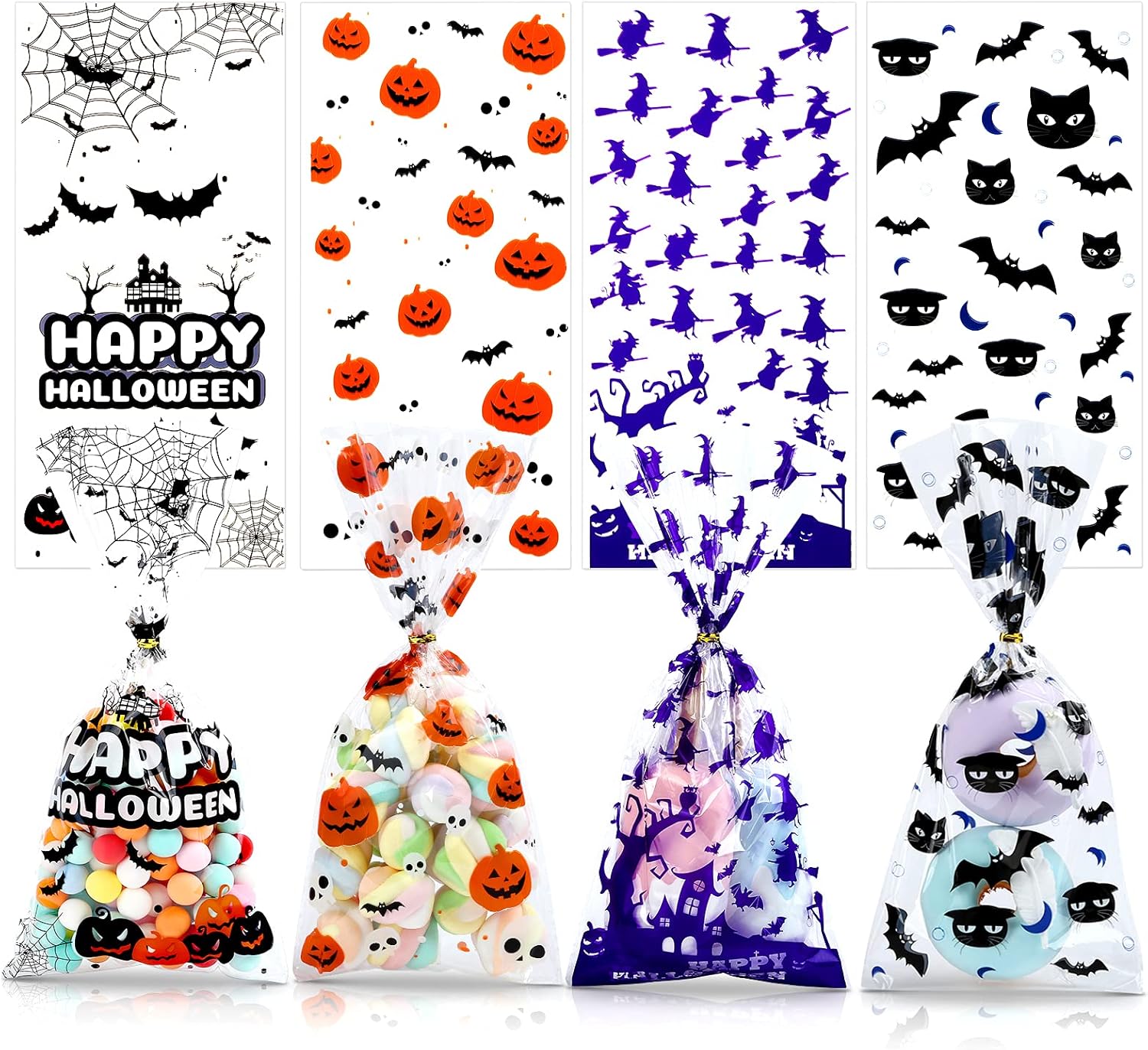 Halloween Treat Bags, 100pcs Halloween Cellophane Treat Bags with Twist