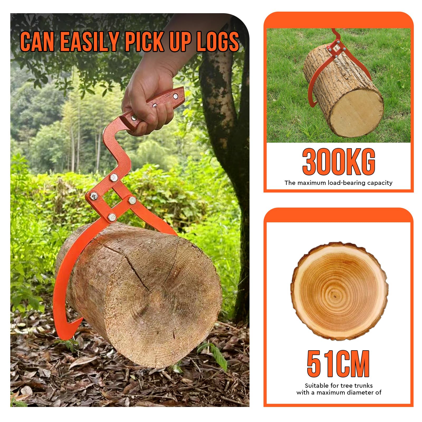 SWAWIS Pince Forestière pour Troncs en Acier Allié, Bûches Jusqu'à 20''(50.8cm), Capacité de Chargement 300Kg, pour Industrie Forestière, Transformation du Bois, Transport de Bois à Domicile(Orange)