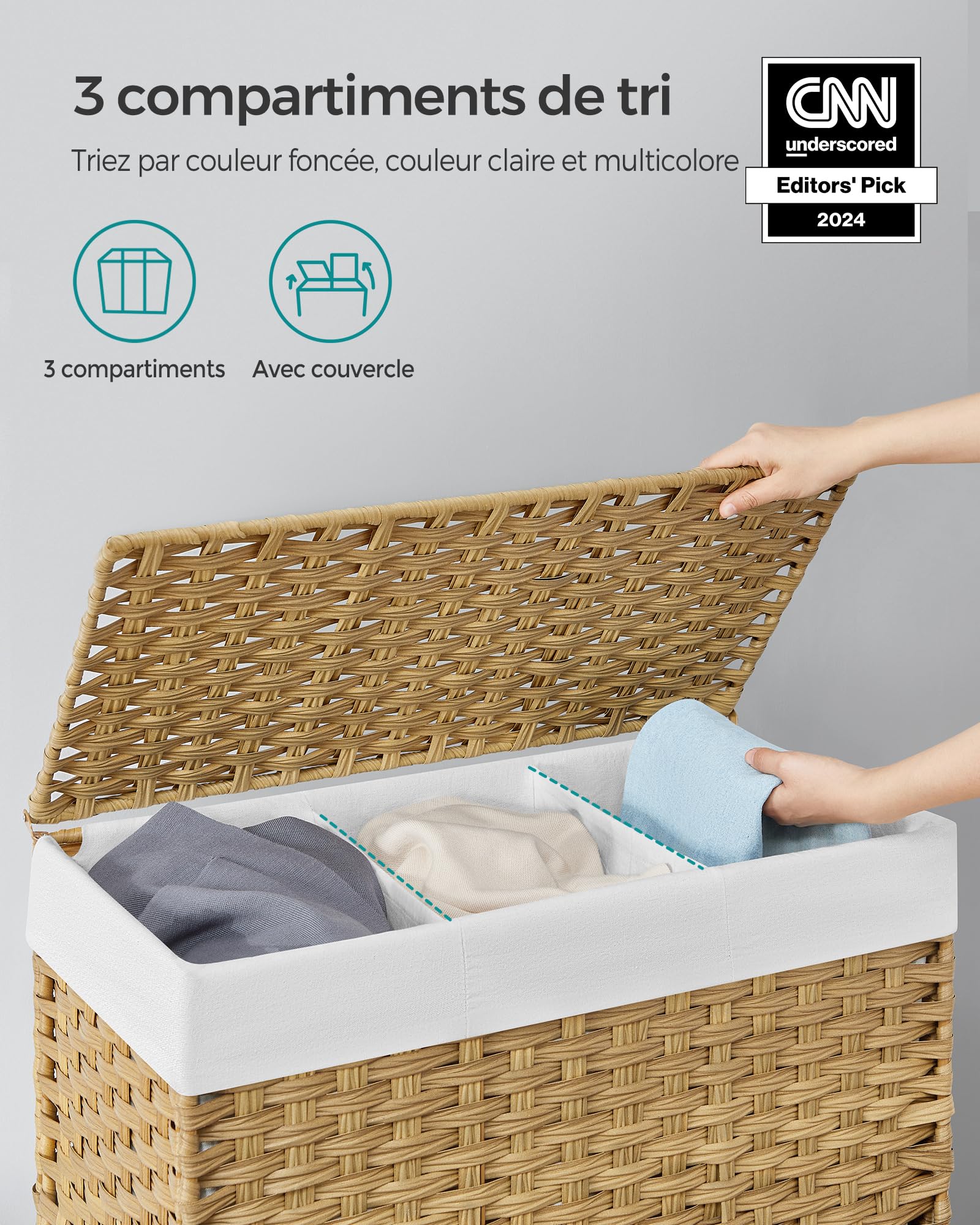 SONGMICS Panier à Linge avec Couvercle, 140L, Corbeille Linge Sale Tressé, avec roulettes, 3 Compartiments, Sac Intérieur Amovible, pour Buanderie, Chambre, 66 x 33 x 66 cm, Couleur Boisée LCB363N01