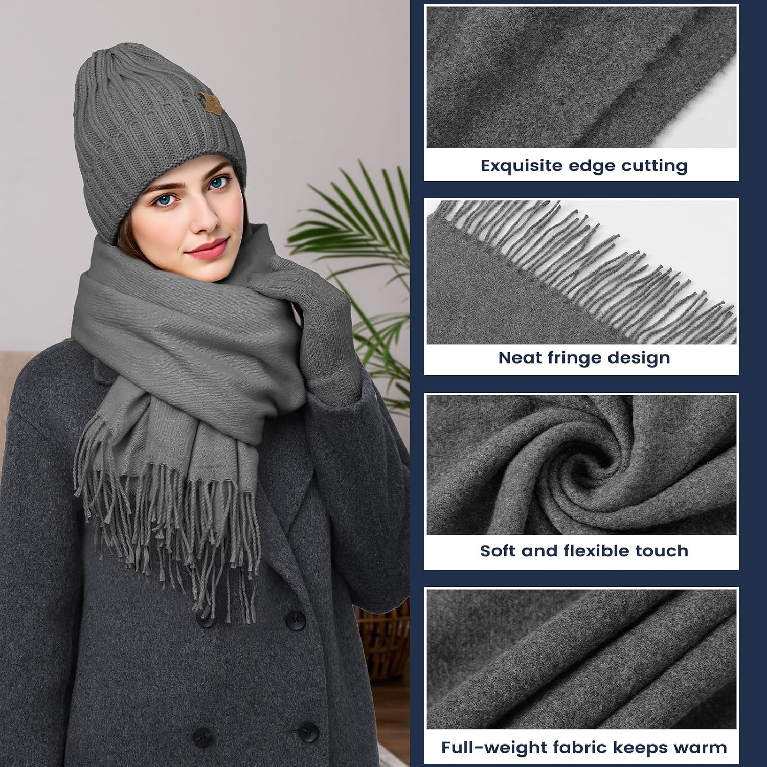 Women Winter Hat Beanie+Long Scarf+Touch Screen Gloves Set, Warm Clothes Set with Knit Fleece Lined for Women/Men Winter