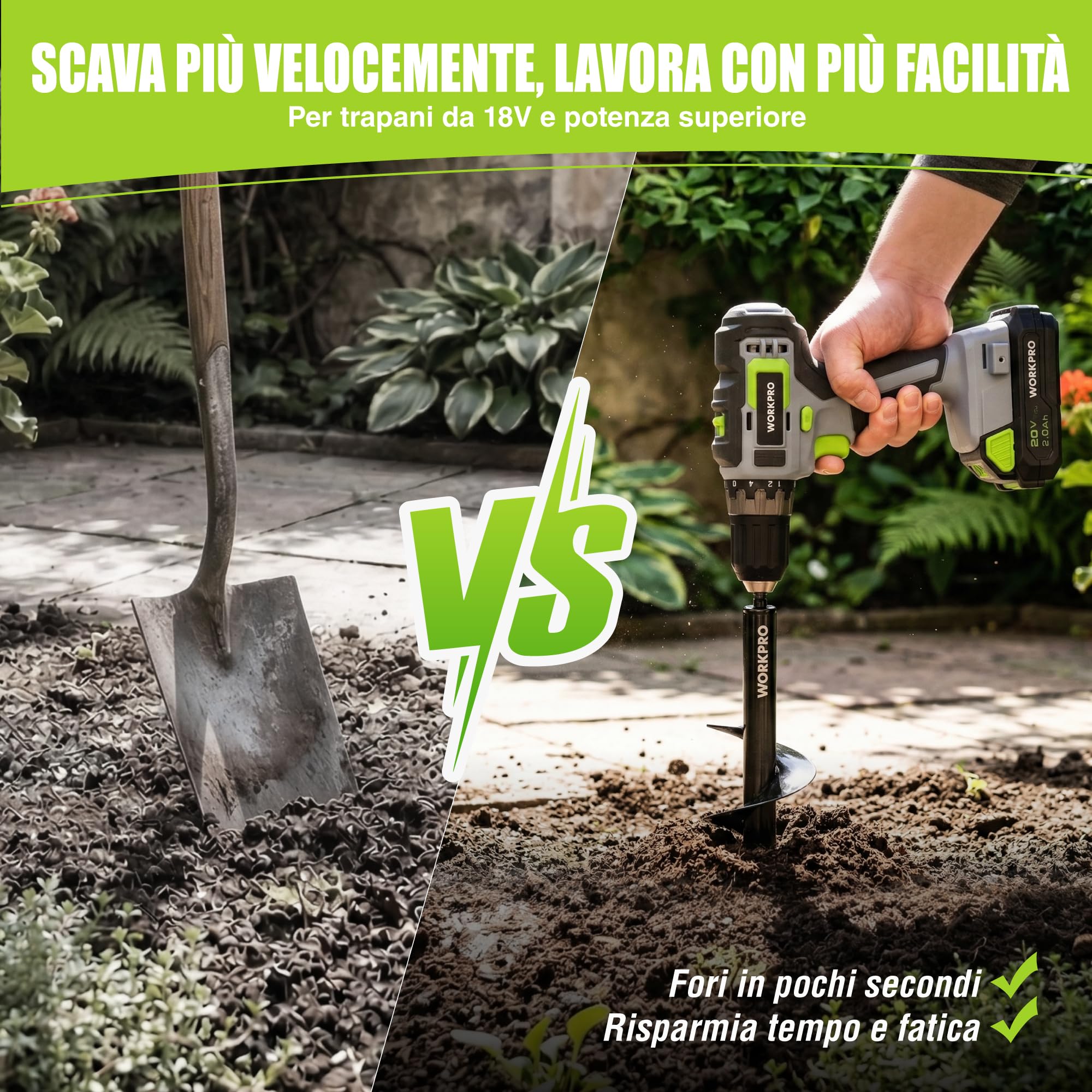WORKPRO Trivella da Giardino, Trapano da Giardino per Trapano Elettrico, Vite a Spirale Senza Fili, Trapano Manuale, Strumento per Scavare per Piante e Fori (4 x 42 cm e 9 x 40 cm) 2 Pezzi