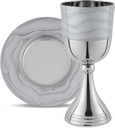 Miniatura 7 de Zion Judaica - Lujoso juego de tazas Kidush en caja de regalo, esmalte blanco niquelado pulido, elegante copa de vino de 5.75 pulgadas con bandeja a