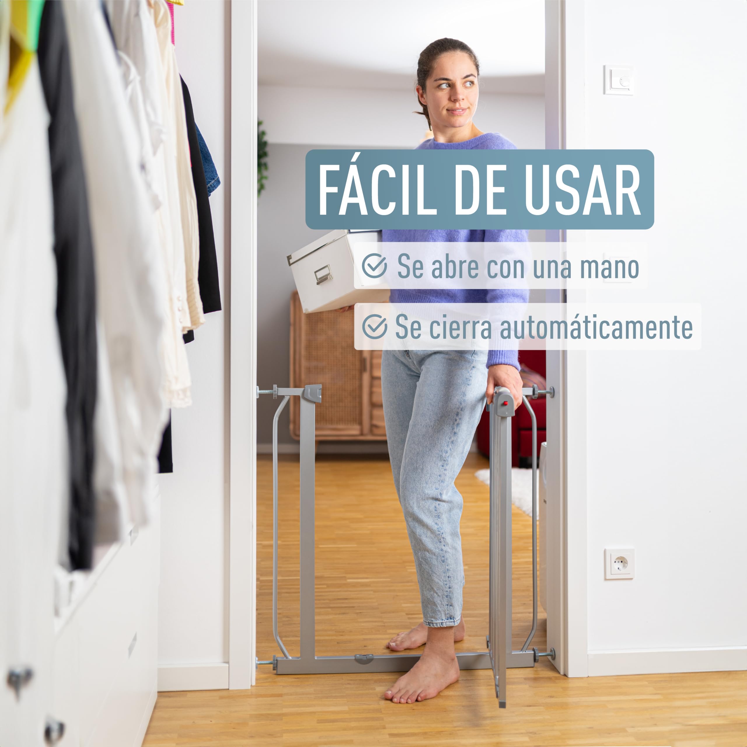IB-Style - Barrera de seguridad para puerta/escalera «Kaya» | 75-175 cm | Color gris/plata | Se cierra automáticamente | 90° fijación | Doble cierre | Ajustable de 105-115 cm