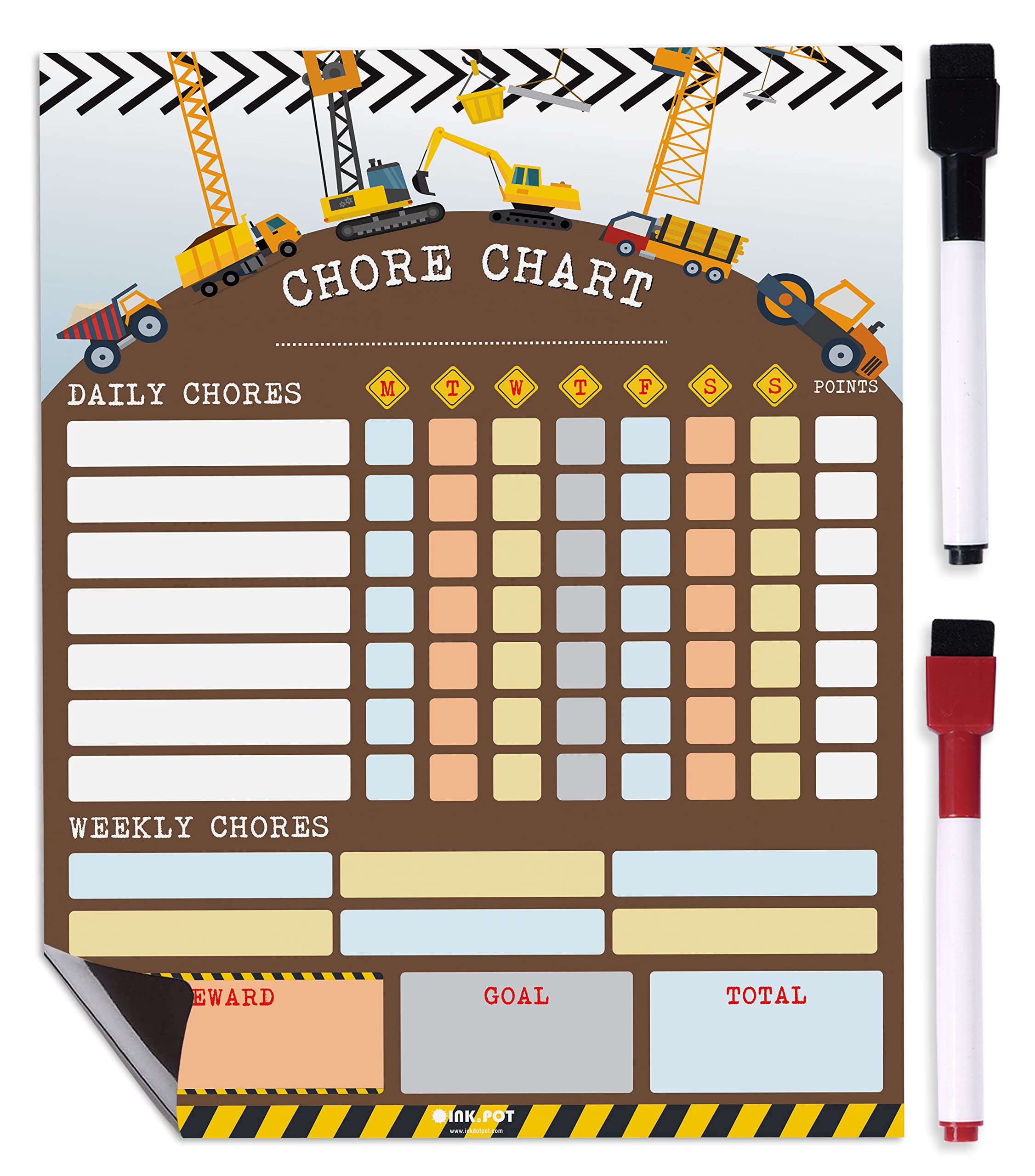 Inkdotpot Magnetic Dry Erase Weekly/Daily Chore Chart Schedule Board for Kids Chores Reward Chart,Good Behavior Chart Blank Magnetic List with 2 Dry Erase Markers (Construction Vehicles)