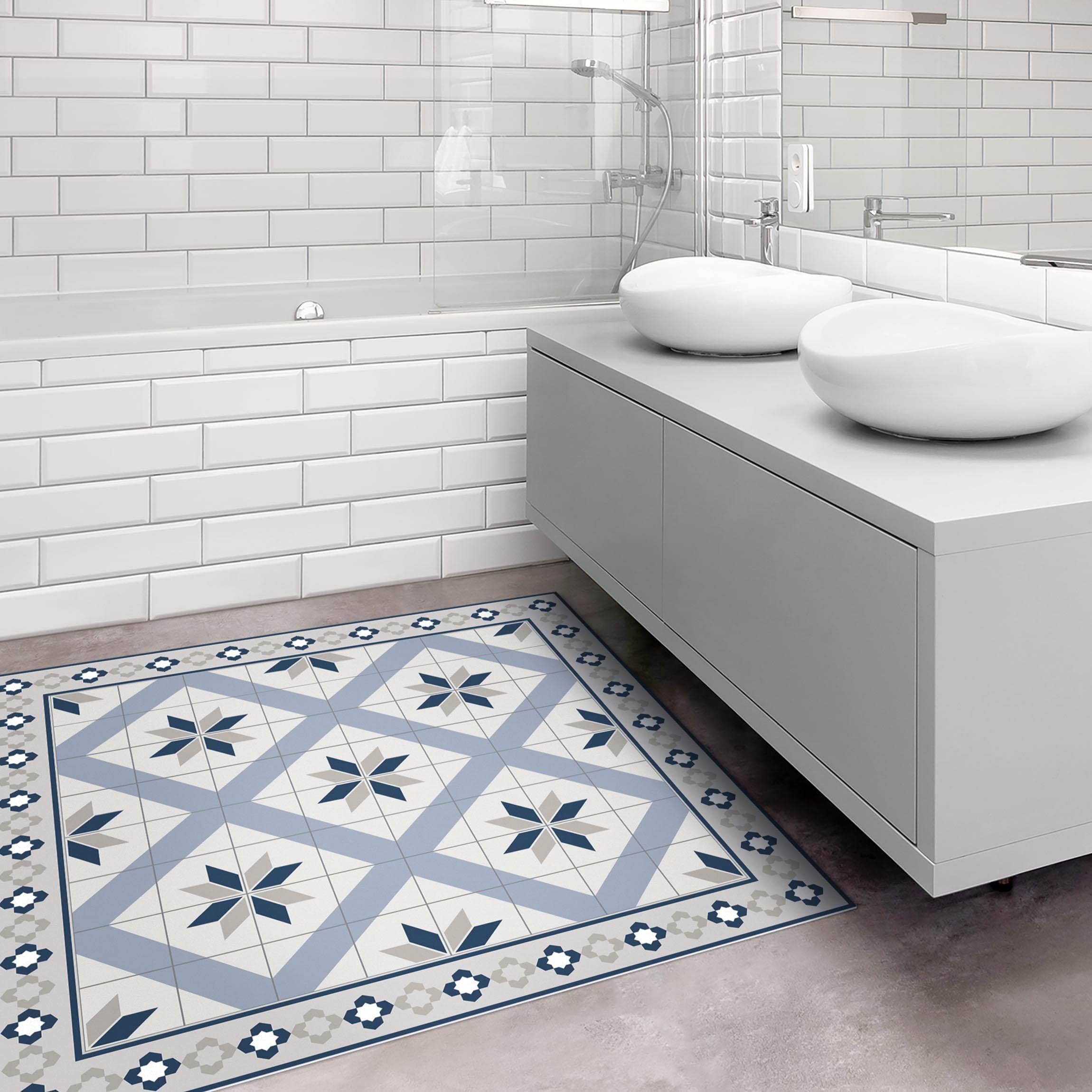 Tapis en Vinyle essuyable à l'eau à Motifs Collage sans Bulles Protection de Sol géométrique Tapis antidérapant Bleu Imitation carrelage Cuisine Couloir 3113 (40x40cm)