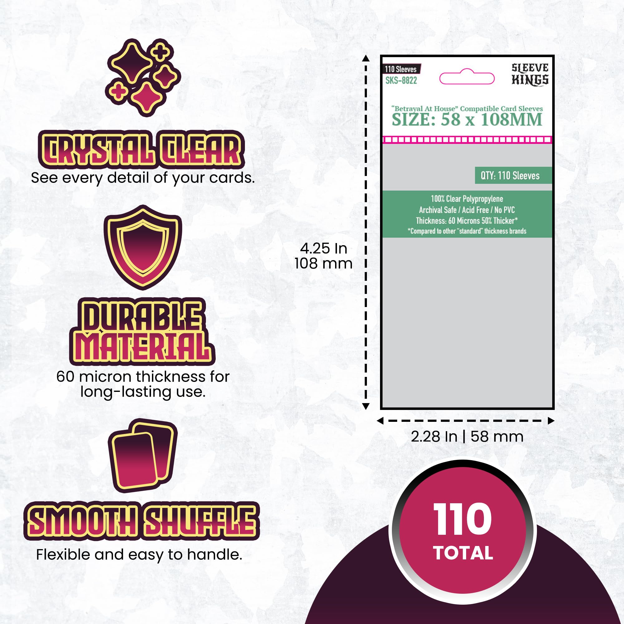 betrayal legacy card sleeves Amazon.com: Sleeve Kings Betrayal at House on the Hill Compatible Card  Sleeves – 58x108mm, 110 Pack, 60 Micron Thick, Clear Polypropylene,  Acid-Free, Extra Clear – Compatible Board Game Card Protectors