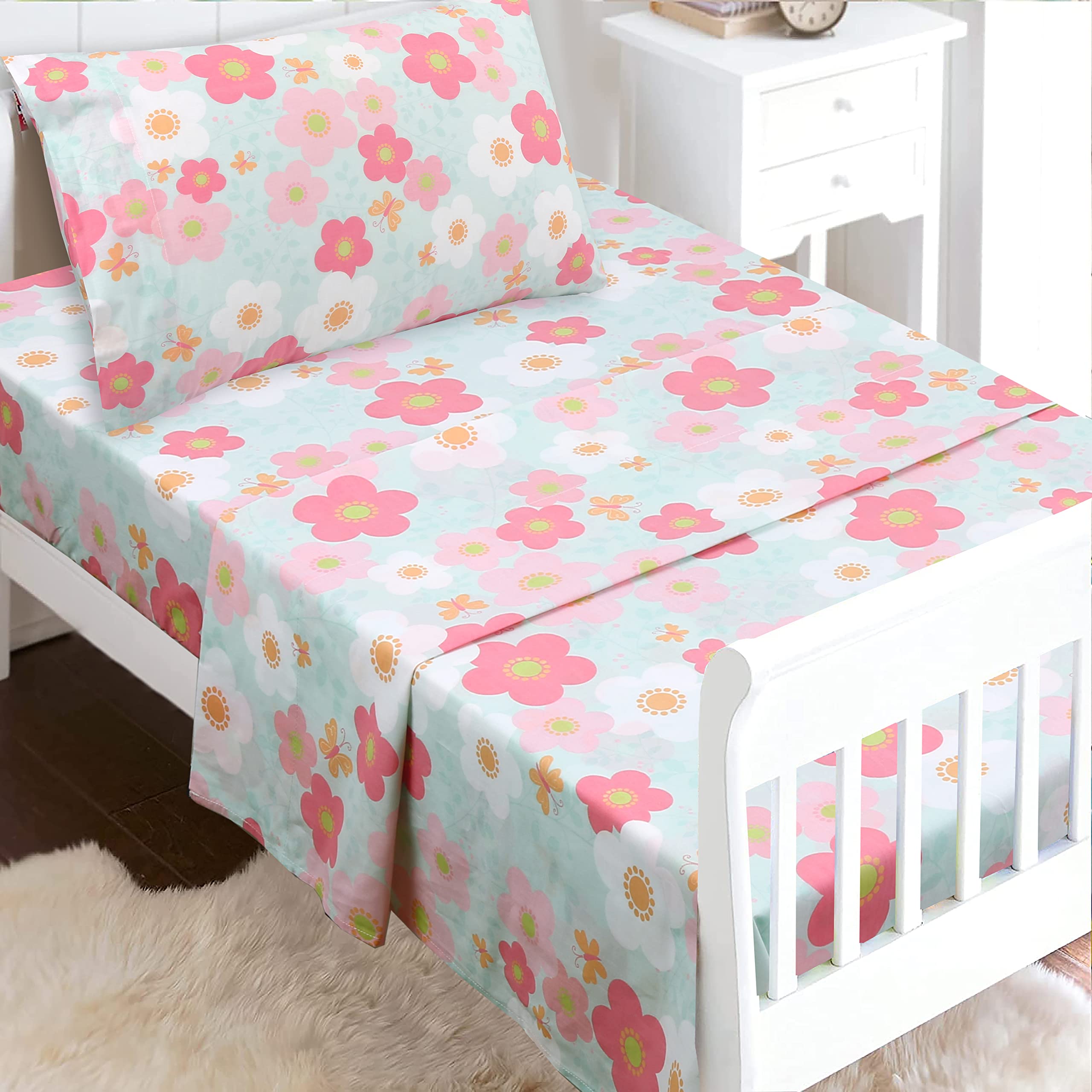 Cozy Line Home Fashions 100 Cotton 3 Piece Toddler Sheet Set, Soft Breathable Crib Bedding Set for Girls Includes a Flat Sheet, a Fitted Sheet, a Pillowcase, Flower Rosa Flourish Butterfly Pink