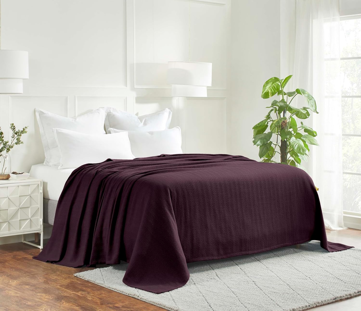 HOMECITY Cotton All-Season Thermal Blanket- Plum Woven Reversible Ultra-Soft and Warm Herringbone Blanket for Bed/Couch, King, 108" x 90" - Hroo Collection 100% Cotton Blanket for Bed