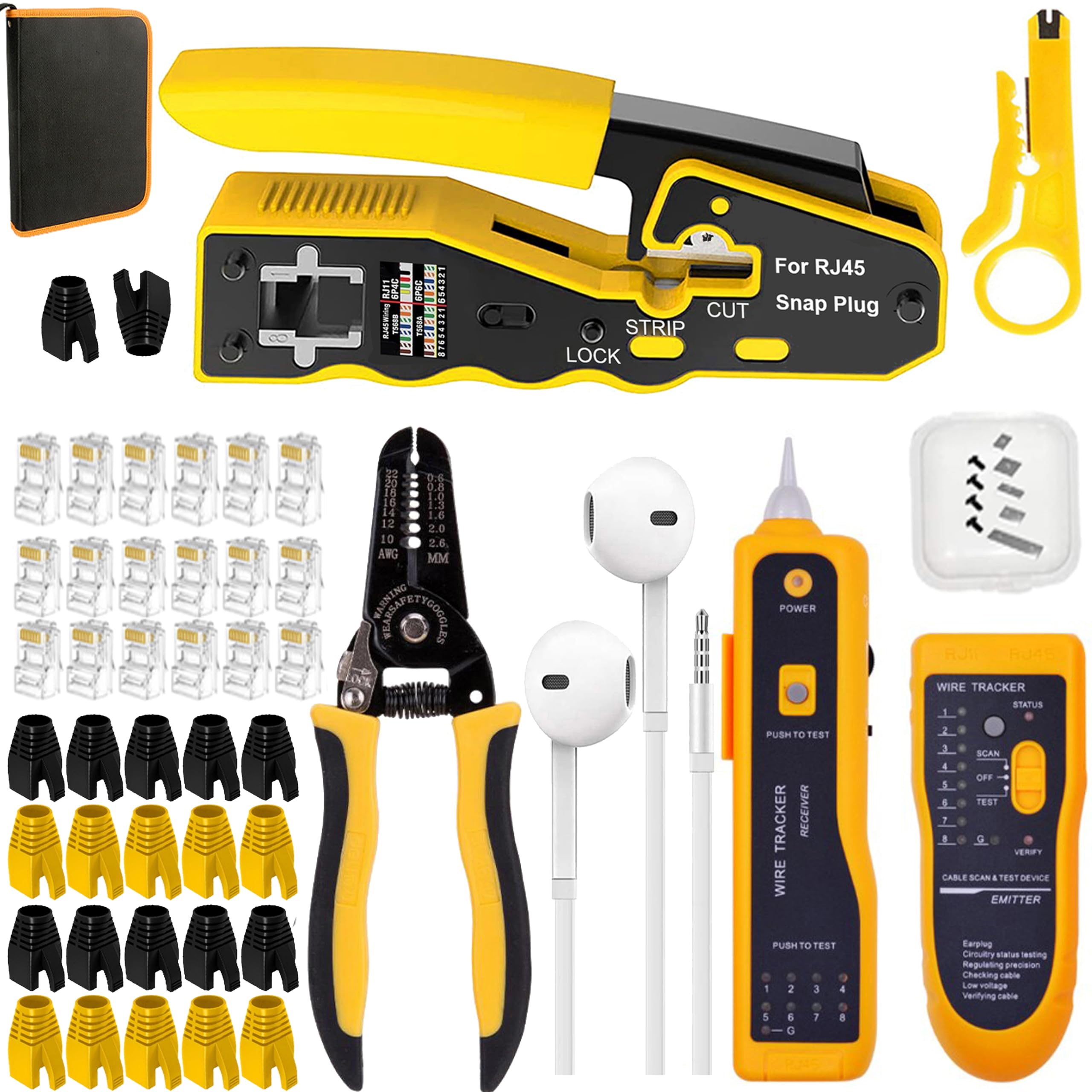 LUBEIN Kit de sertissage CAT5/CAT6 RJ45 Kit d'outils de sertissage Ethernet Outil de réparation de sertissage Outil de poinçonnage Outil de réparation Coupe-réseau Dénudeur de câble Testeur