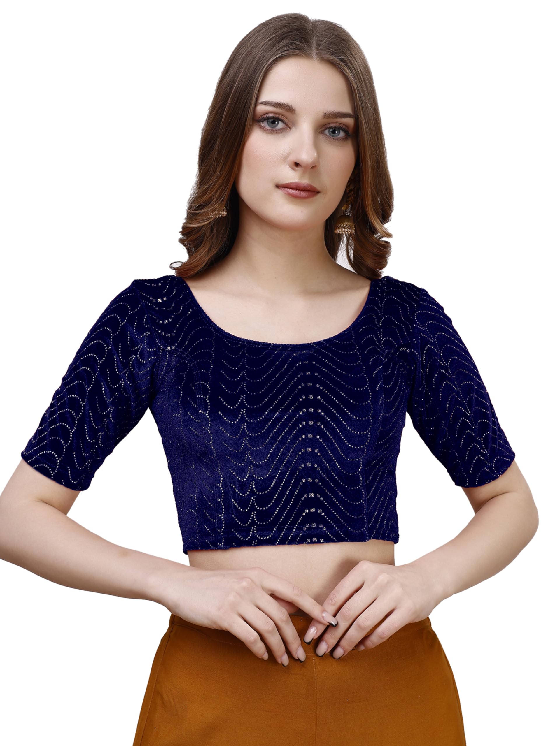 Pujia Mills Women's Readymade Hosiery Velvet Lycra Stretchable Round Neck Half Sleeve Blouse With Jari Work Fancy Navy Blue Color Lycra Stretchable Blouse For Women Readymade Saree Blouse