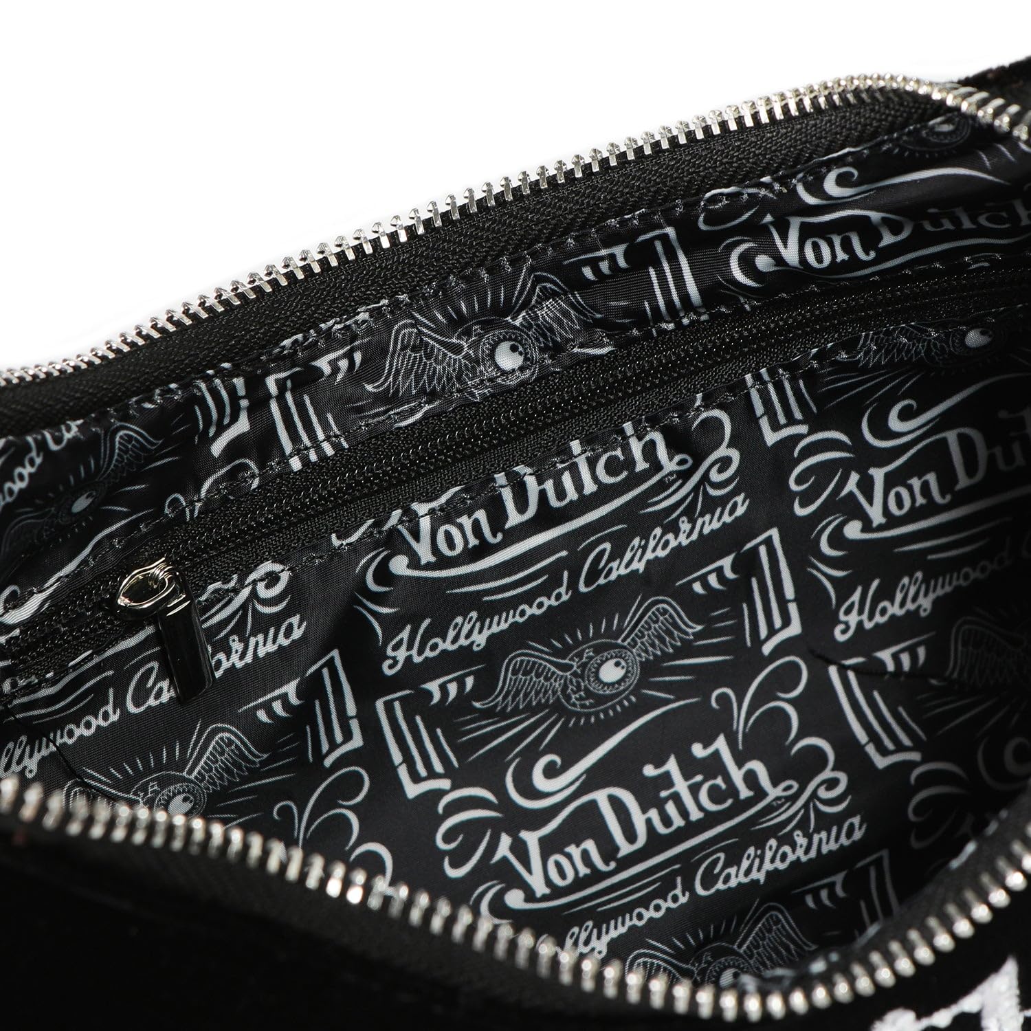 Von Dutch Womens Rhinestone Shoulder Bag – Stylish Handbag with Adjustable Strap, Spacious Interior, and Iconic Logo Design (Black and White Rhinestone)
