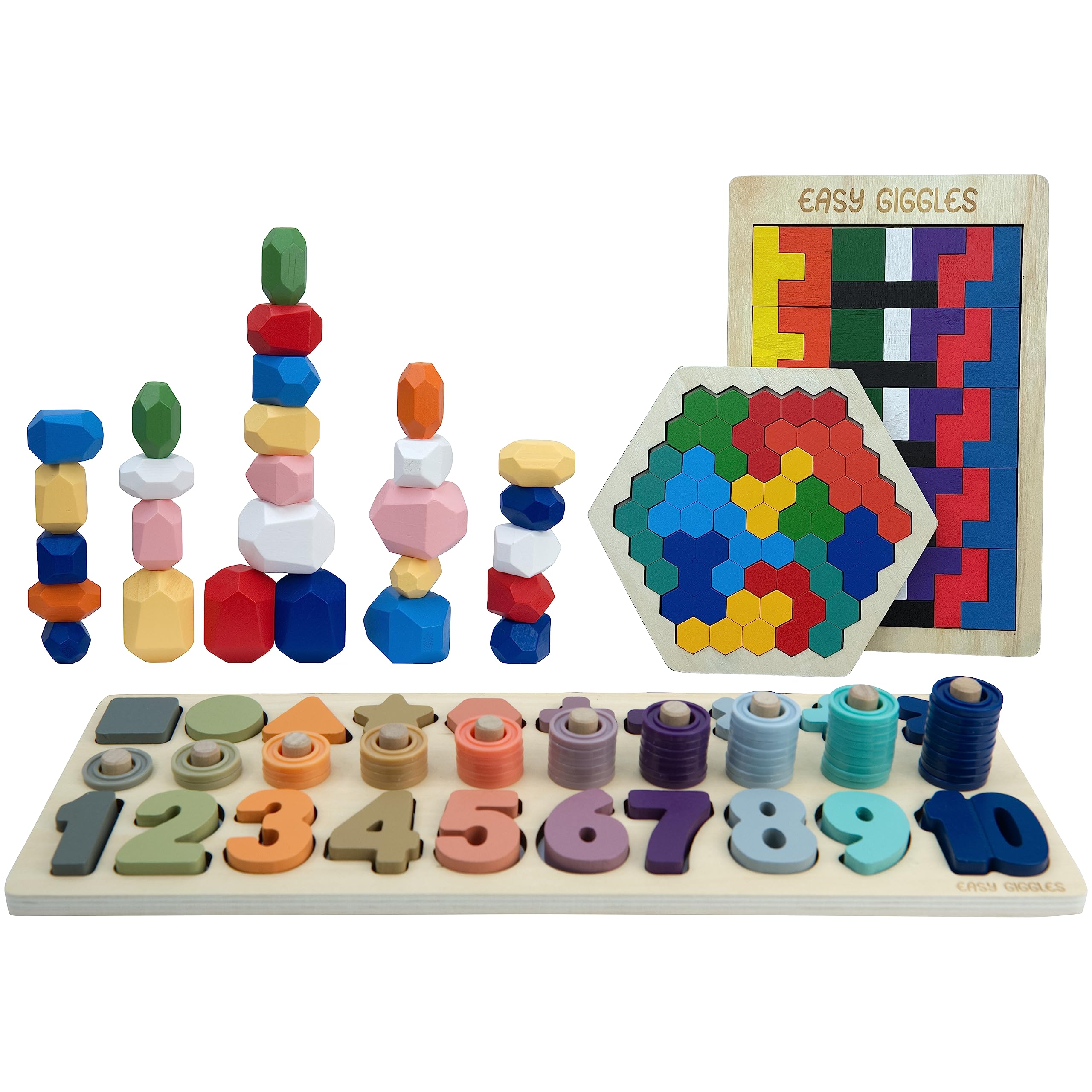 Montessori Learning Toys Set for Kids - Wooden Stacking Stones, Numbers Learning Board, Block Puzzle, Hexagon Puzzle - Educational Activity Games for 3, 4, 5 Year Old Boys and Girls