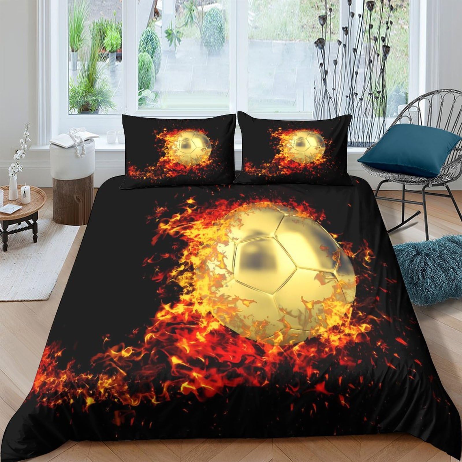 Ctjqhvkz Style-4 3D Printed Flaming Football Fitted Sheet Microfiber Soft Black Orange Fire Bed Cover For Bedroom Guest Room Decor Single（135X200cm）