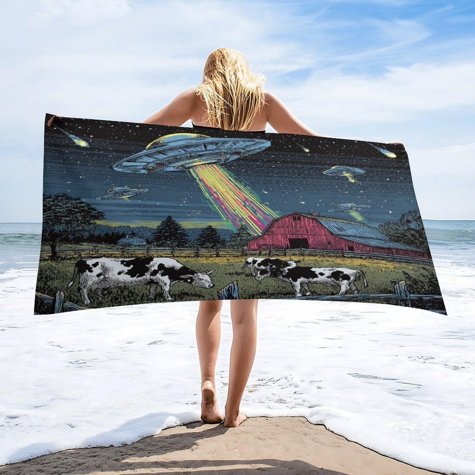 Luyysky Funny Rustic Farmhouse Ufo Absorbent Beach Towel, Western Abstract Farm Log Cabin Barn Animal Cow Outdoor Single-Sided Velvet Beach Towel-80 W Cm X 160" L Cm