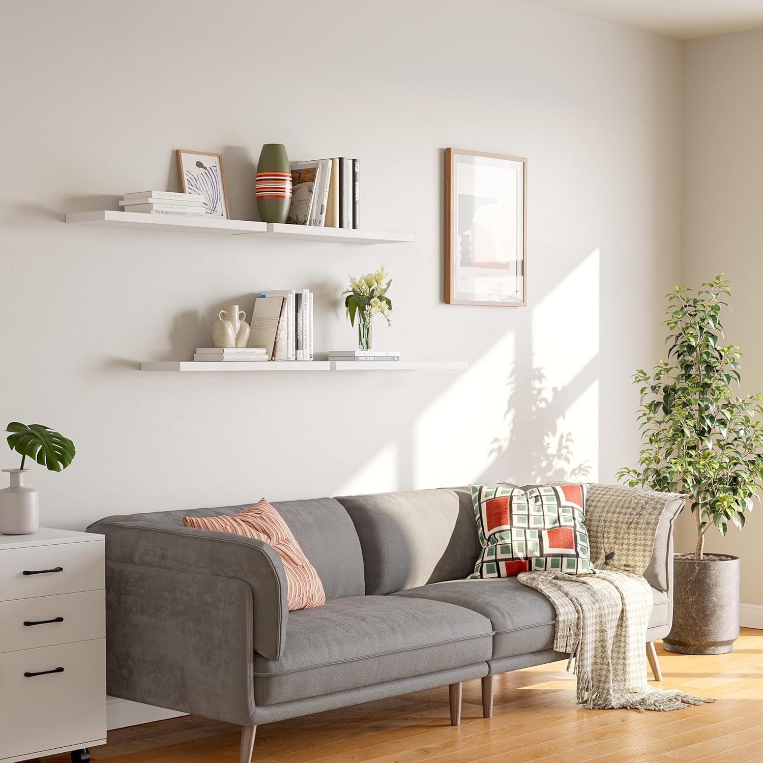 YUFLINX 23’’White Floating Shelves for Wall,Rustic Wood Shelf for Room Decor/Storage/Display,Small Bookshelf,Wall Mounted Hanging Shelves for Bedroom, Bathroom, Living Room, Kitchen,Set of 4