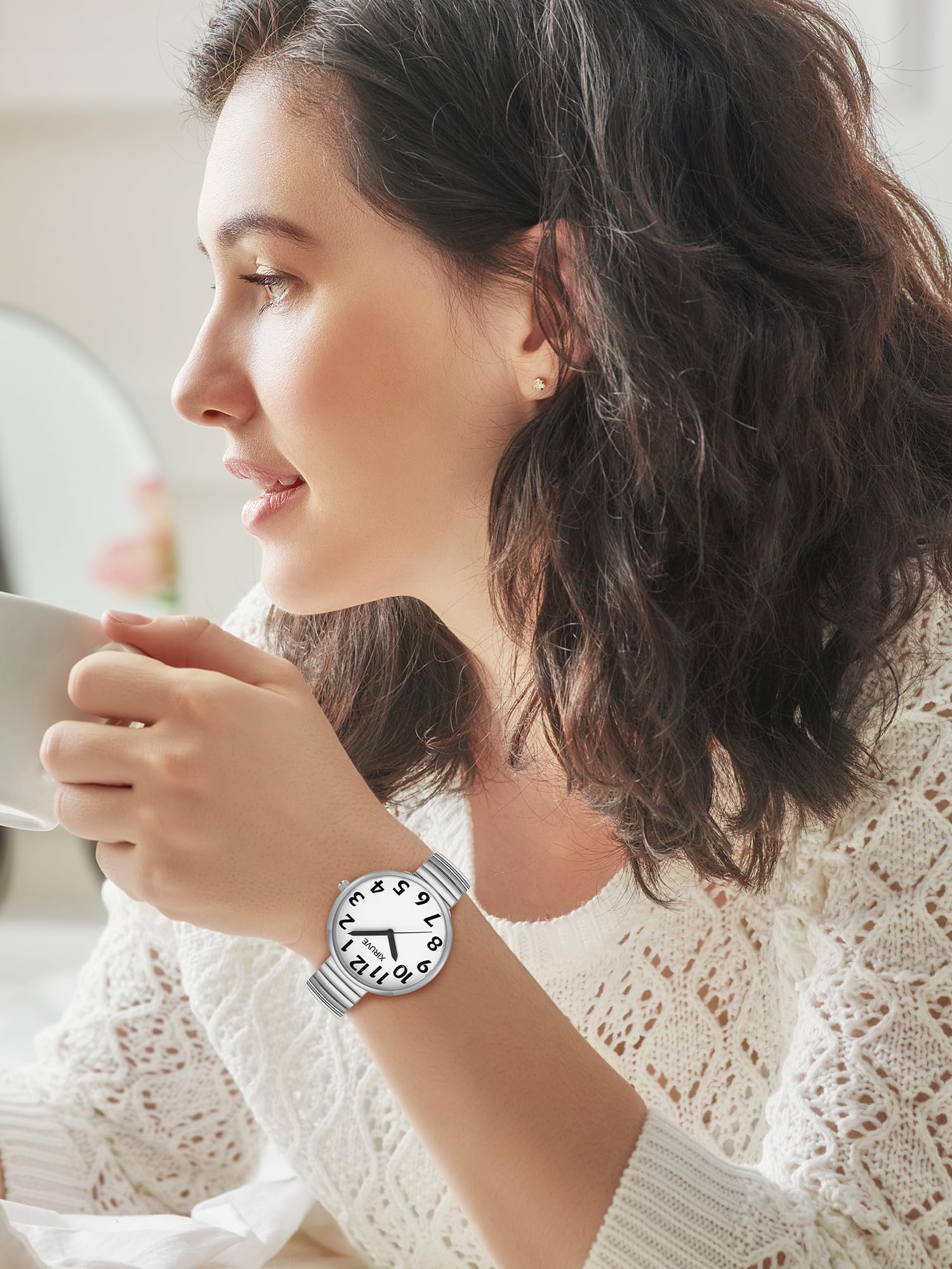 Esfera de Números Grande Fácil de Leer Correa Elástica de Acero Inoxidable Reloj de Pulsera Cuarzo Analógico para Mujer Hombre