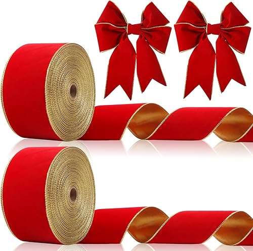 Miniatura 1 de Giegxin 2 rollos de cinta de terciopelo de Navidad con borde dorado, cinta con alambre para envolver regalos de Navidad, coronas de Navidad, lazo,