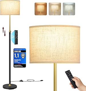 VASAGLE Stehleuchte, Standleuchte, Stehlampe, höhenverstellbar, 140-170 cm hoch, modern, mit Fußtaster, Lampenschirm aus Stoff, E27 Fassung, Fernbedienung, Memory-Funktion, gold-schwarz LFL005BD02