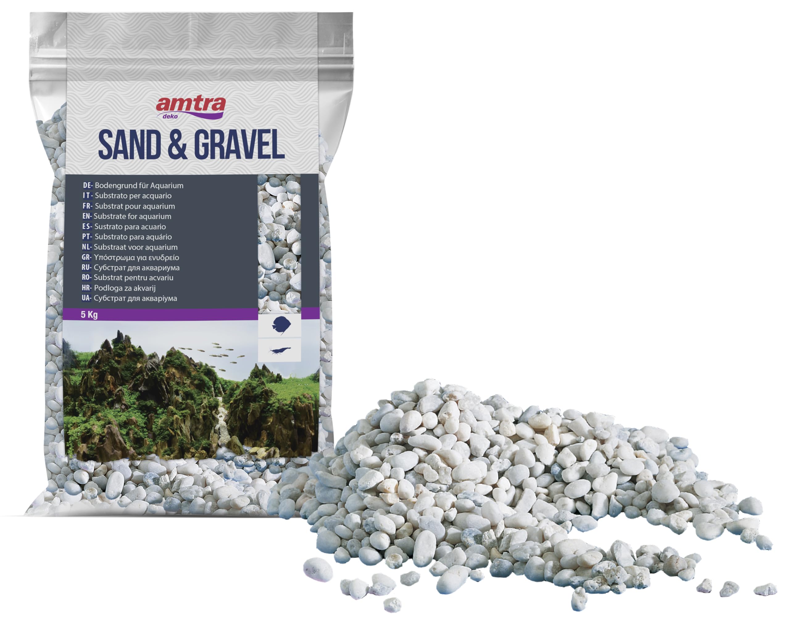Amtra Gravel Noa, Grava Natural Para Acuarios, Piso Decorativo, Granos Gruesos Blancos De 4-8 Mm, Formato 5 Kg