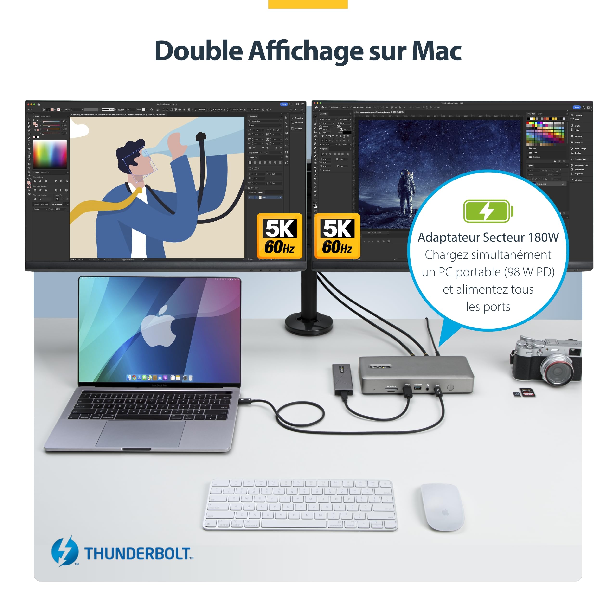 StarTech Dock Thunderbolt 4 USB4, quad 4K, double 4K Mac, 16 ports, 100W | Station d'accueil, Quad écran 4K Windows, Double 4K Mac, 40Gbps, 2x HDMI, 2x DP, 100W