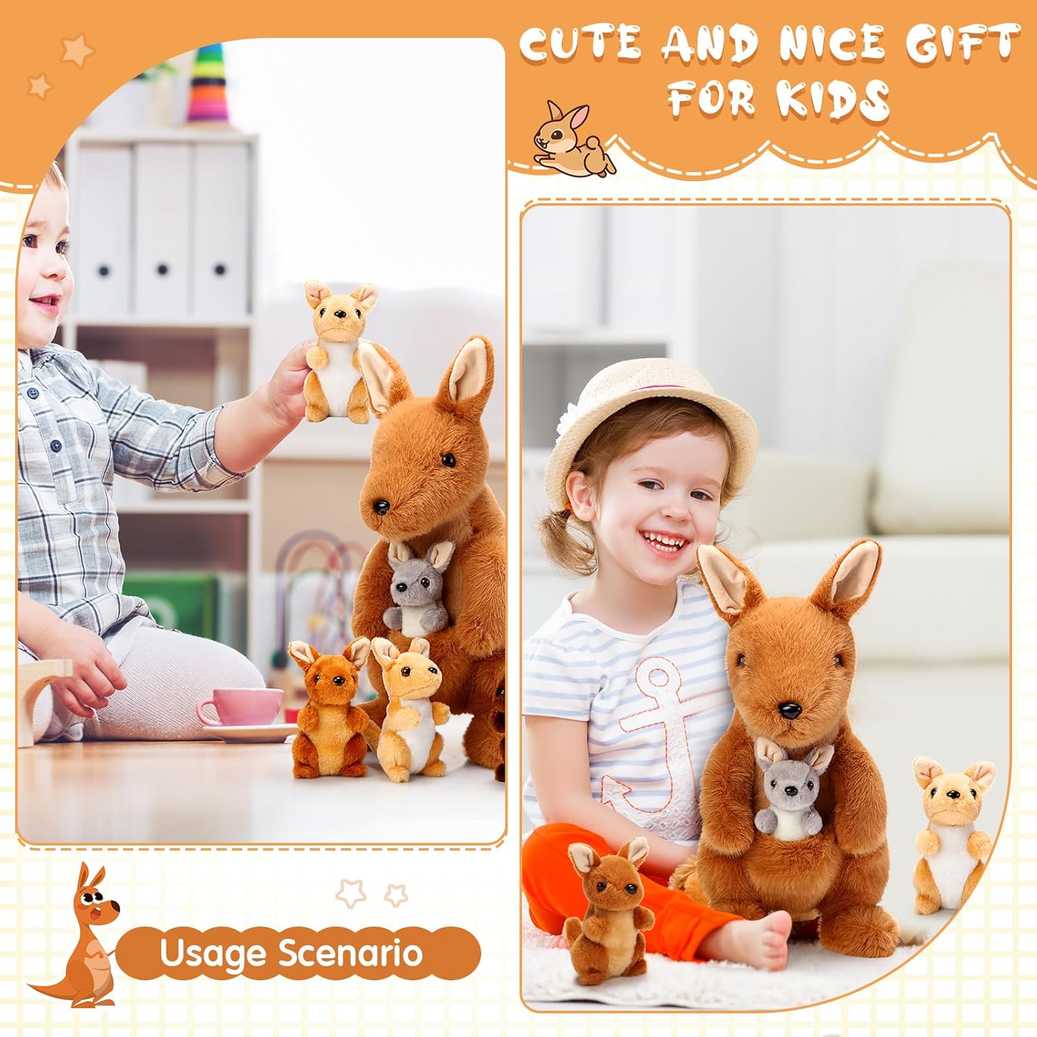 Arrowbash 5 Pcs Kangaroo Stuffed Animals, 12 Inch Mommy Stuffed Kangaroo Plush Toy with 4 Babies Insides, Kangaroos with Joey Plush Toys and Pouch for Kids Birthday Gift Easter Party Favors(Brown)