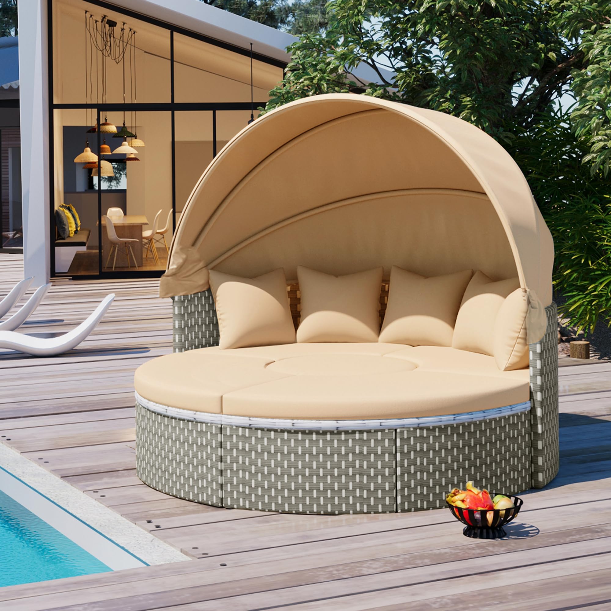 SOFTSEA Outdoor Round Daybed with Retractable Canopy, Outdoor PE Rattan Furniture Sets with Adjustable Table, Light Coffee