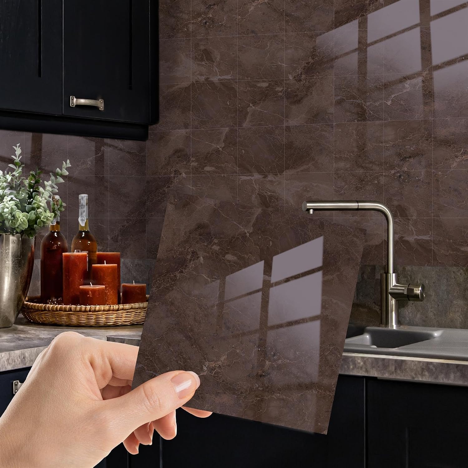 WALPLUS Marble Tile Stickers Glossy Waterproof Oil Proof Removeable Stick on Wall Backsplash DIY PVC for Bathroom Cabinet Kitchen Home Decor Copper Brown 24 pcs 15cm6"