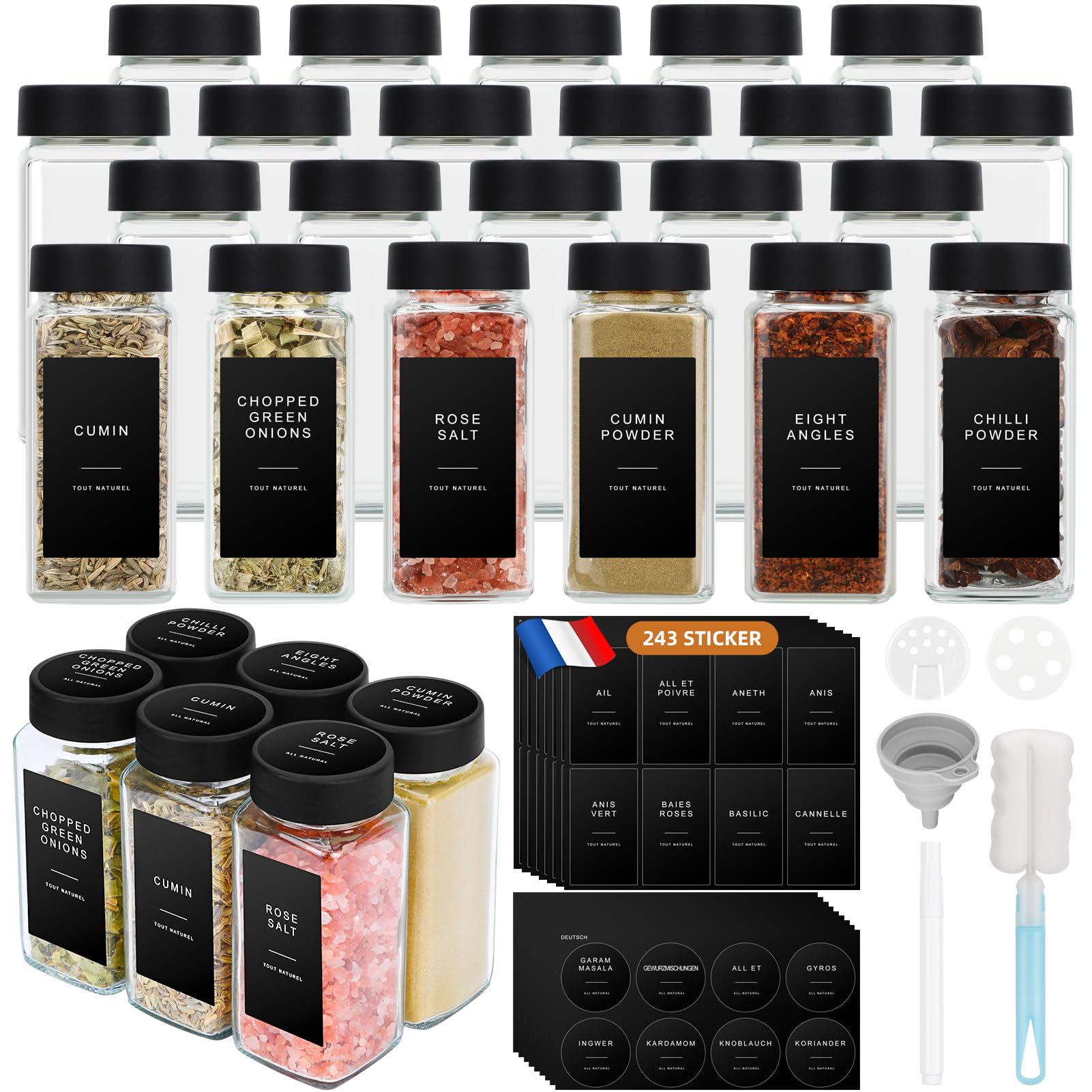 Bocaux à Épices, 24 Pièces Pot à Épices en Verre avec Étiquettes d'épices Françaises, 120ml Boite à Épices Cuisine Rangement - Bocal Epices avec Tamis, 243 Étiquettes, Entonnoir