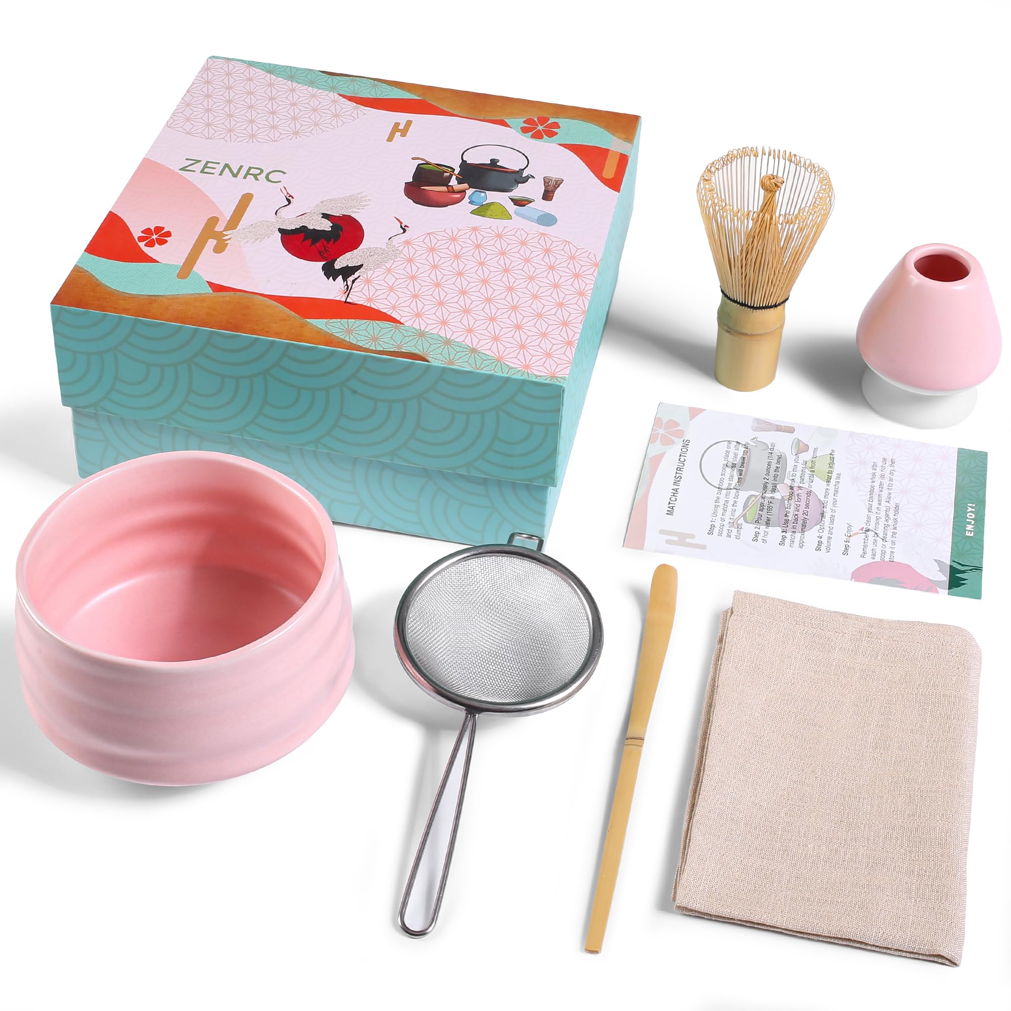 Zeremonie-Matcha-Set – traditioneller Matcha-Schneebesen (Chasen) aus Bambus (Chashaku), Chawan-Schüssel mit Ausgießer, Schneebesenhalter, Sieb, Teetablett, das perfekte Matcha-Set (6er-Set