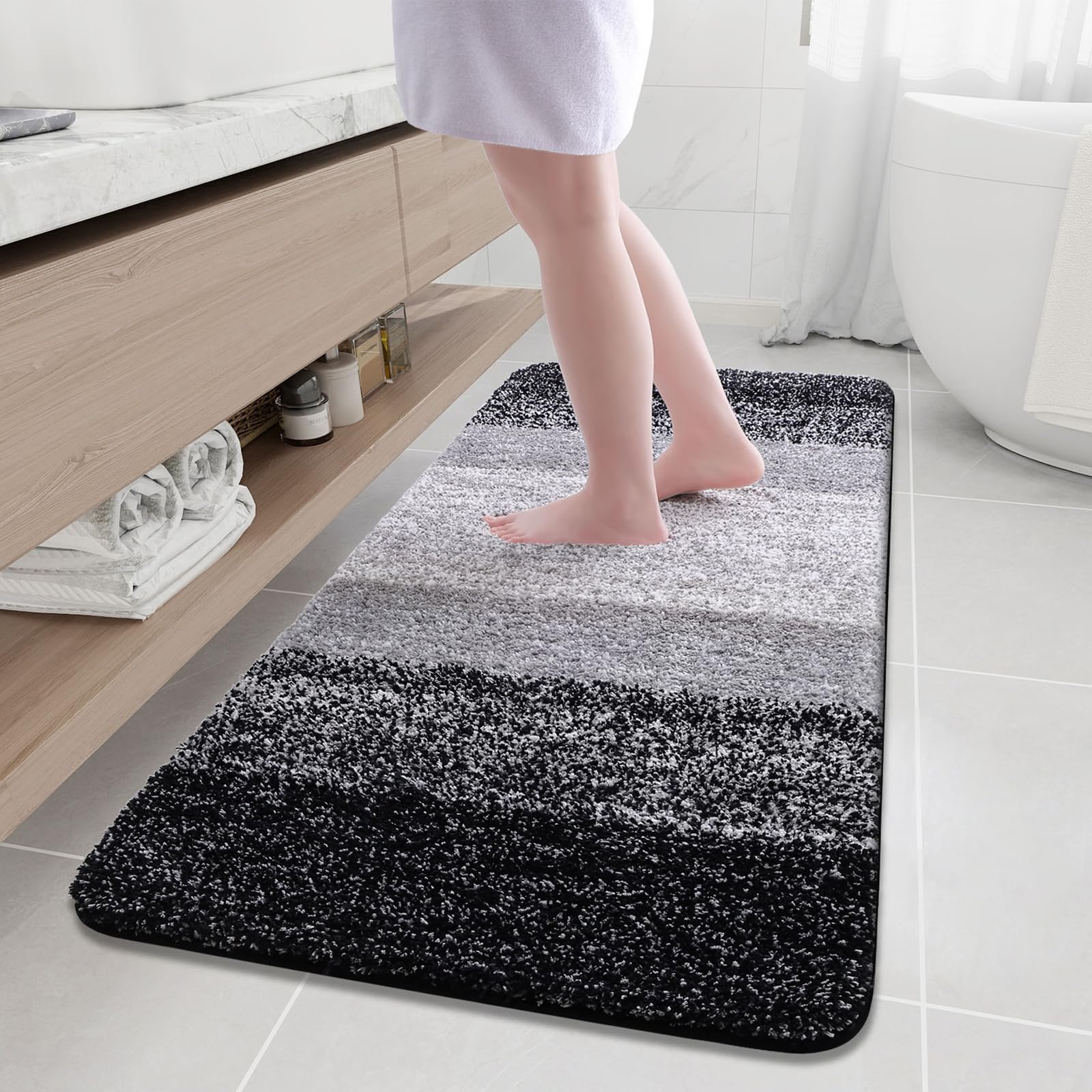 Arotive Microfiber Bathroom Rugs, Shaggy Soft and Absorbent Bath Rug, Non-Slip, Thick Plush Machine Washable Dry Bath Mats for Bathroom, Tub and Shower, 59x24, Black