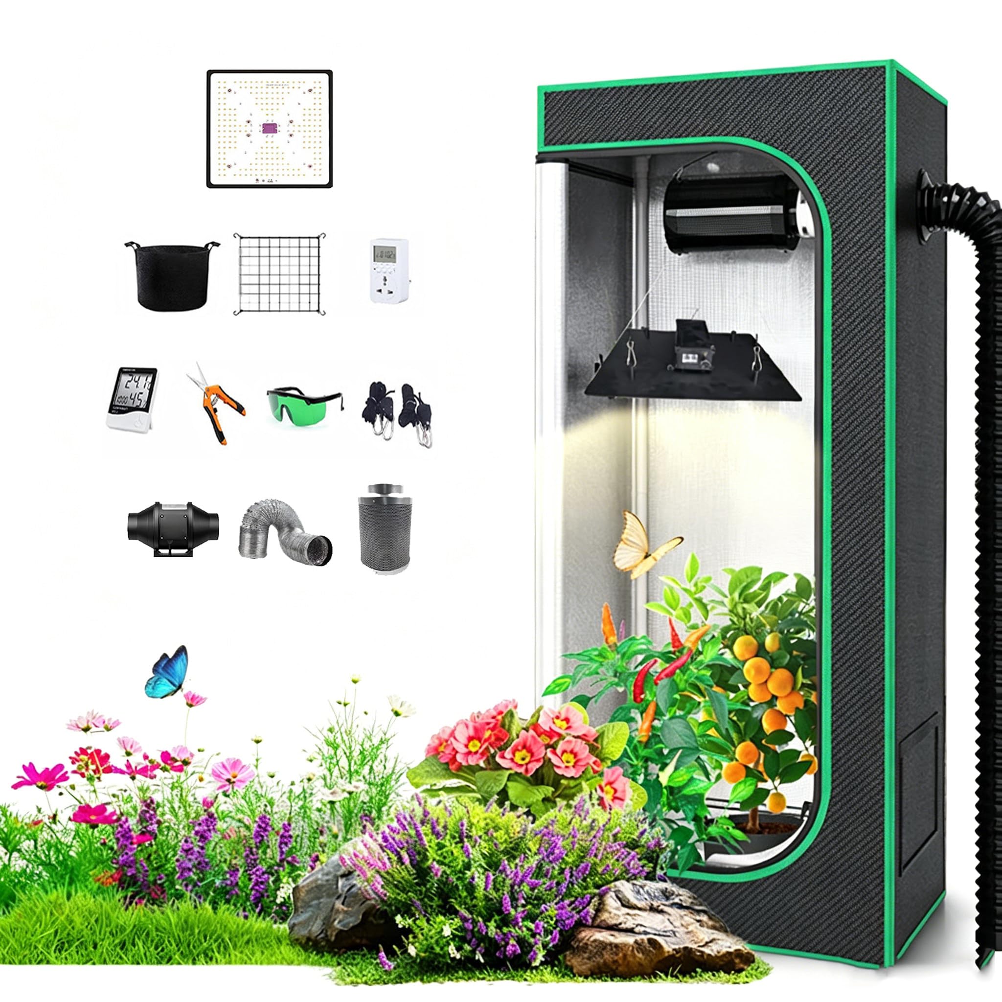 DJFYVAEIO Indoor Greenhouse With Grow Light,60 * 60 * 120cm,4, 600d Premium Nylon Fabric,Home Cultivation,Alloy Frame,Easy To Install,With Vent,Zipper Door 60 * 60 * 140cm