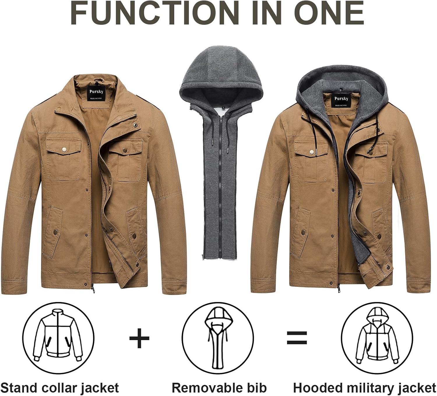 Pursky Men's Military Jacket Casual Washed Cotton Hooded Canvas Coat Fall Coat - Image 2