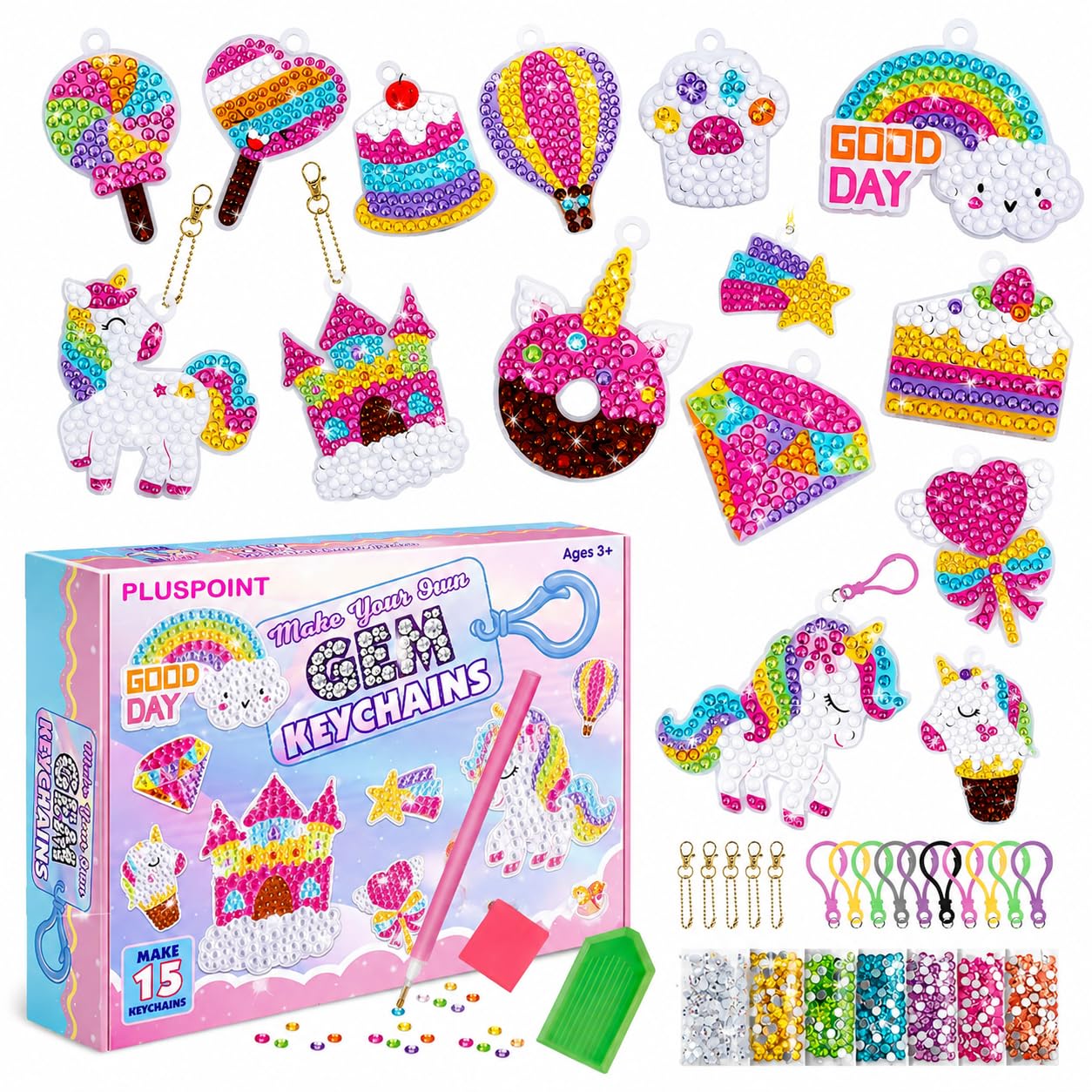 PLUSPOINT Unicorn Diamond Painting Kit Gem Art Keychains, 5D Diamond Art Craft Kit for Kids, 15 PCs DIY Diamond Art Key Chains Creative Decorative Pendant Key Ring for Ages 5-12 Birthday Festival Gift-image-34