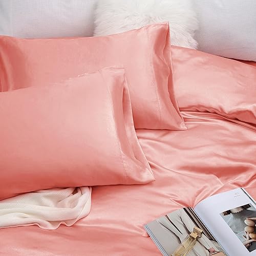 Miniatura 6 de Vonty - Juego de sábanas de satén, sedosas, tamaño matrimonial, de color rosado, 1 sábana bajera con bolsillo profundo, 1 sábana encimera, 2 fundas