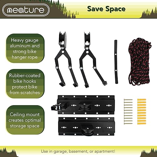 Miniatura 4 de Elevador de techo para bicicleta de garaje, capacidad de 50 libras, sistema de polea de almacenamiento de bicicletas para interiores, montaje de