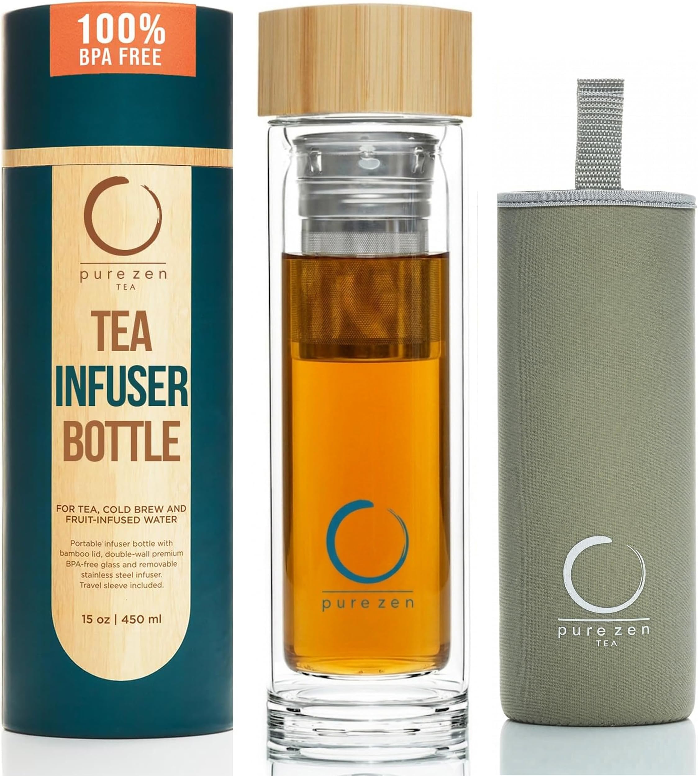 Leakproof Tea Infuser Bottle with Stainless Steel Filter - Insulated Double Wall Tea Tumbler with Infuser for Loose Leaf, Herbal Infusions and Fruit Infused Water - Travel Mug with Bamboo Lid - 15 oz