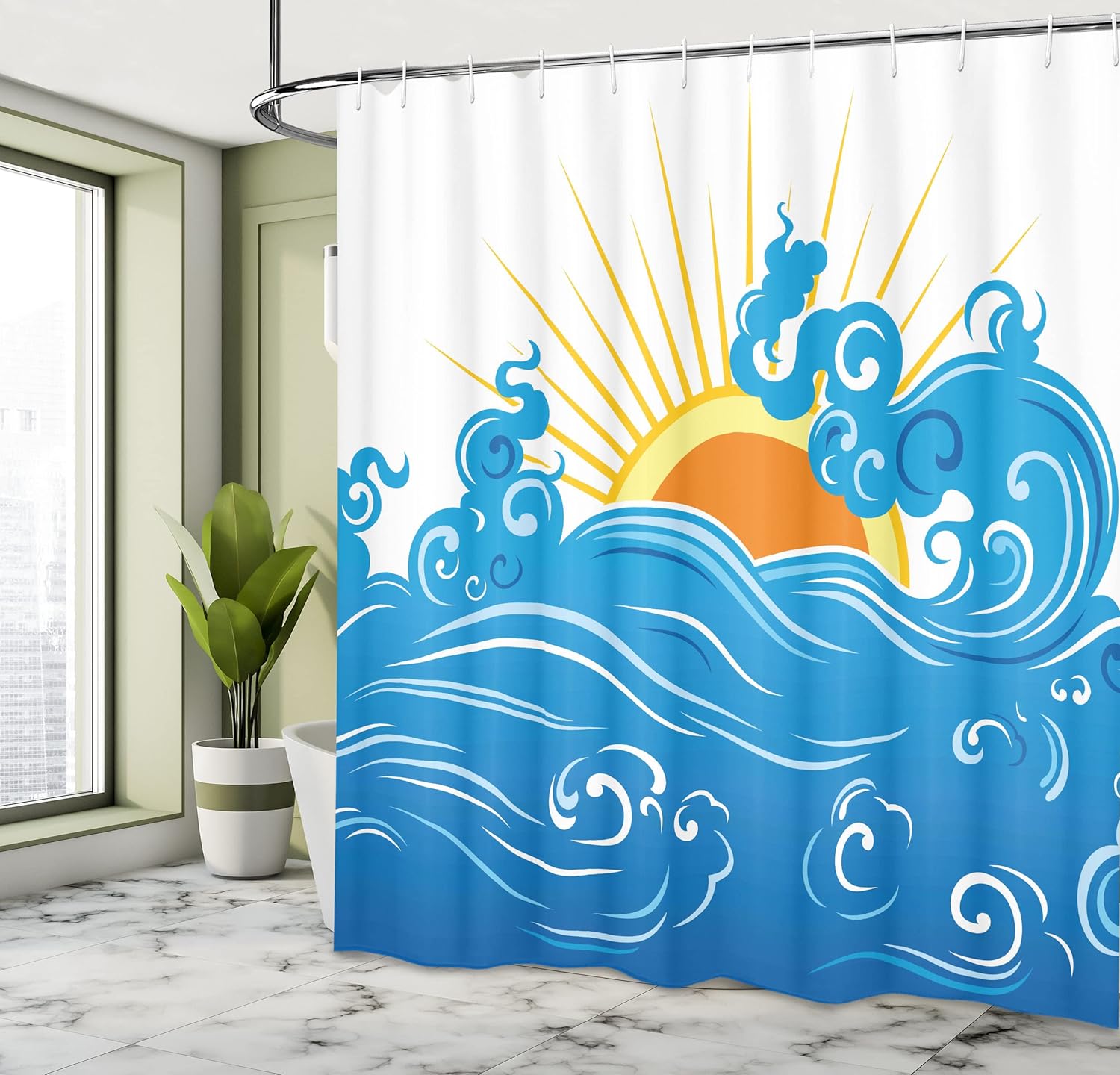 Abstract Shower Curtain by Ambesonne, Curved Ocean Waves with Sun Rising with Vibrant Sharp Rays Seascape Art, Fabric Bathroom Decor Set with Hooks, 70 Inches, Blue Yellow Orange