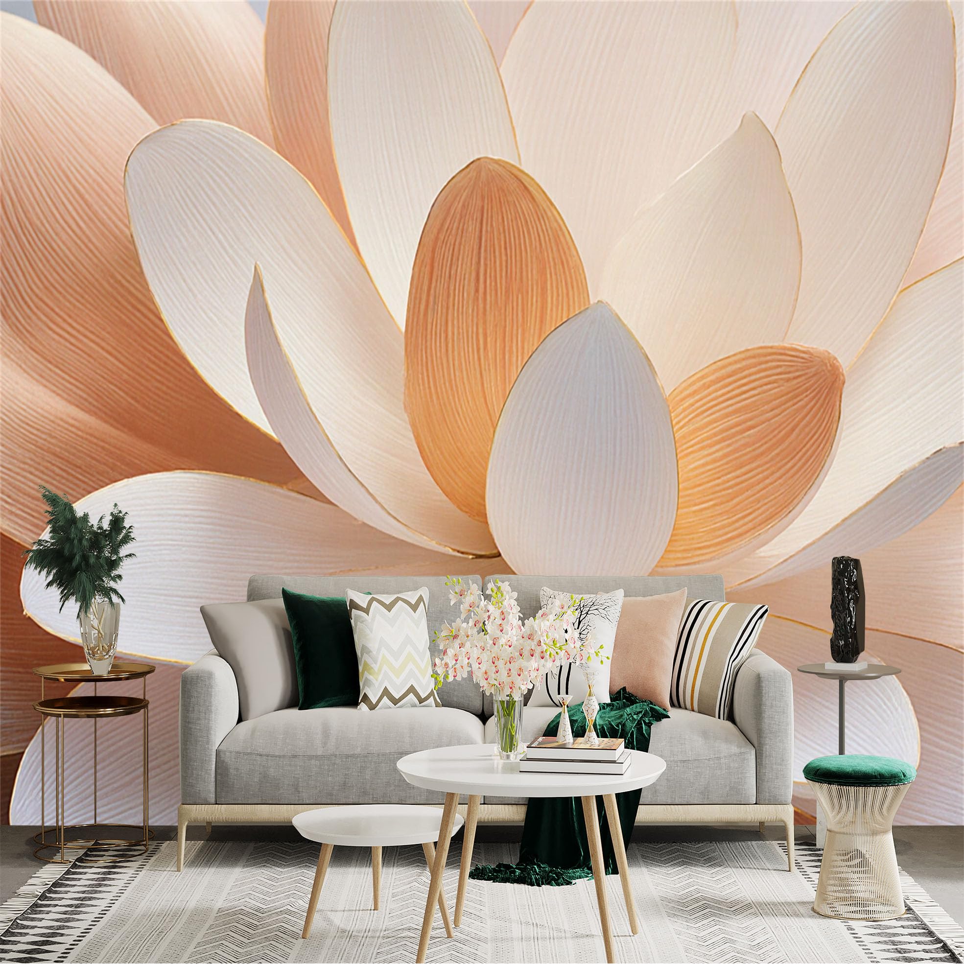Custom Size Wall Sticker Mural， Elegant Soft Peach Lotus Flower Petals， Minimalist Botanical Art， Serene Floral Interior Decor， for wall Decoration， peelandstick wall Decals.