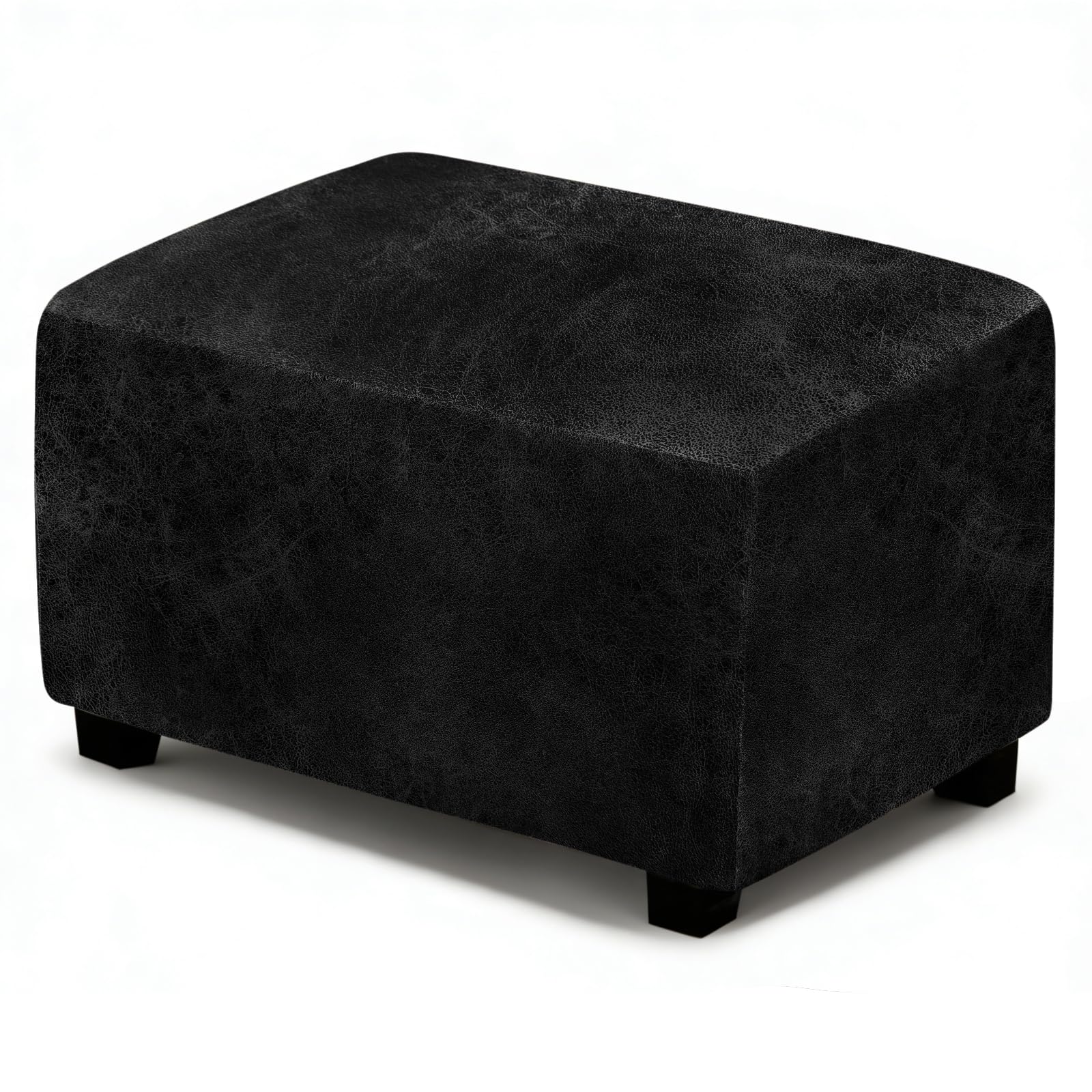 ANARACHON Leather Like Ottoman Cover, Stretch Small Square Ottoman Covers, Rectangular Ottoman Slipcovers with Removable Washable Non-Slip Elastic Bottom for Footstools (02 Black, Small)