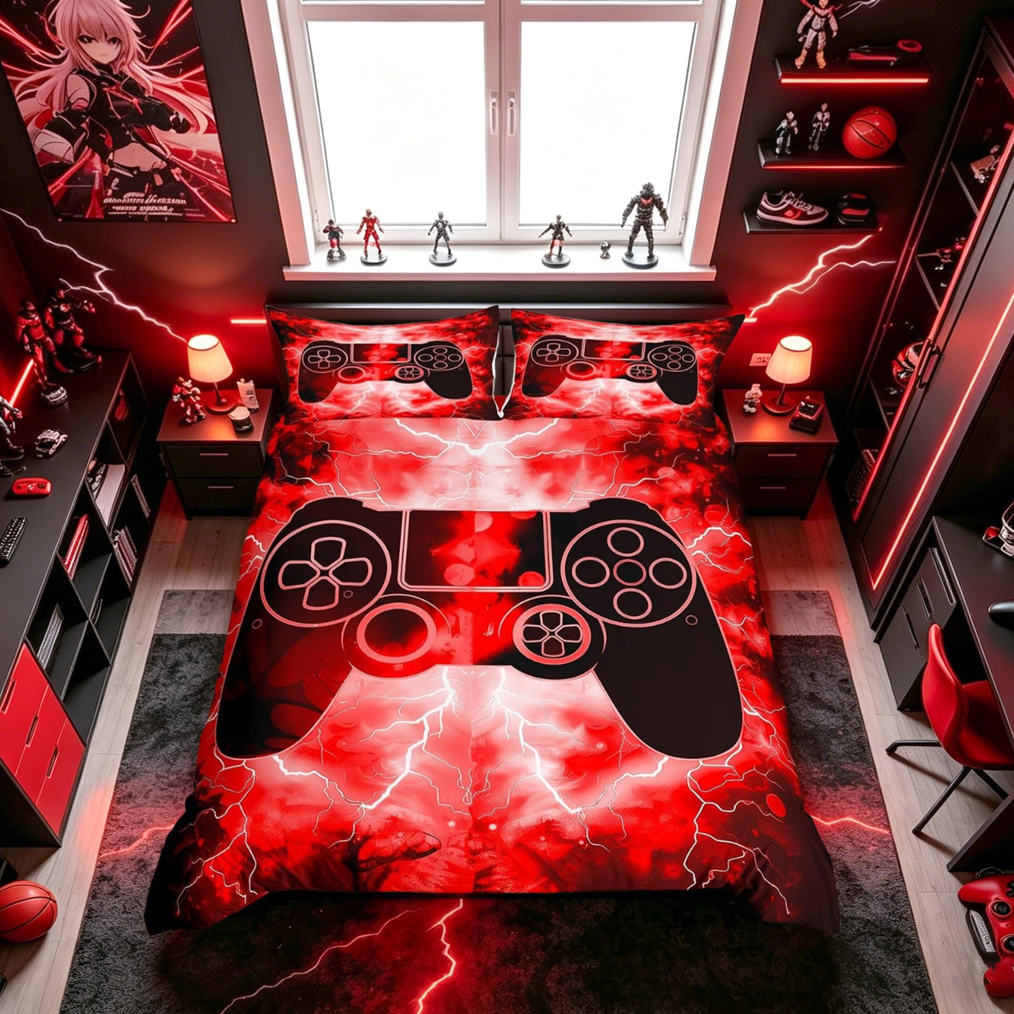 Homemissing Kids Boys Gaming Duvet Cover Set Cot Size For Teens Children Lightnings Gamepad Bedding Set Gamer Room Decor Duvet Cover with 1 Pillowcase Modern Gaming Red Bed Sets ā image 1