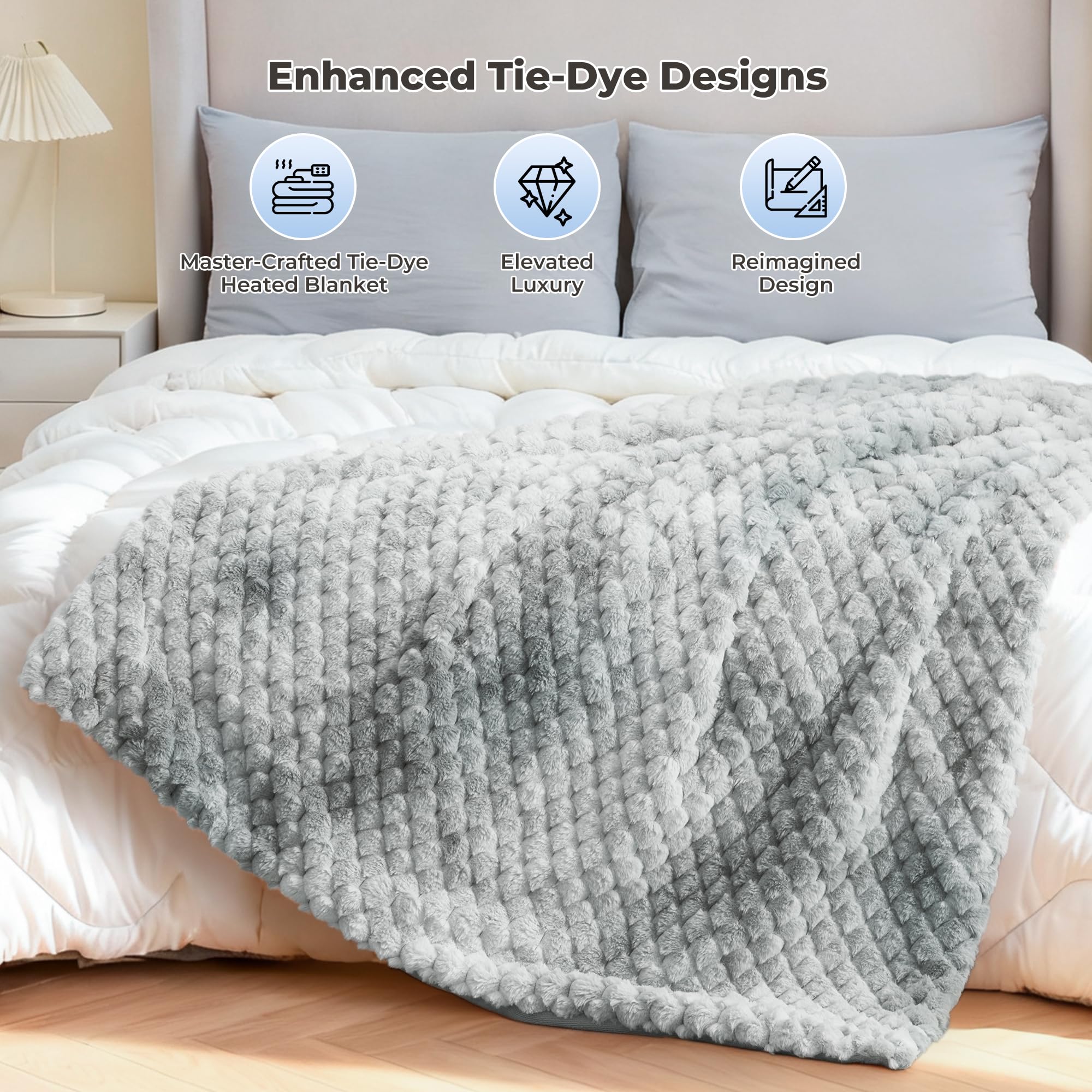 Coperta Elettrica Riscaldante 130x180 cm, Jacquard 3D a Petalo in Peluche di Coniglio & Flanella, 6 Livelli di Calore & Spegnimento Automatico 1-10H, Lavabile per Letto, Divano, Ufficio (Blu)